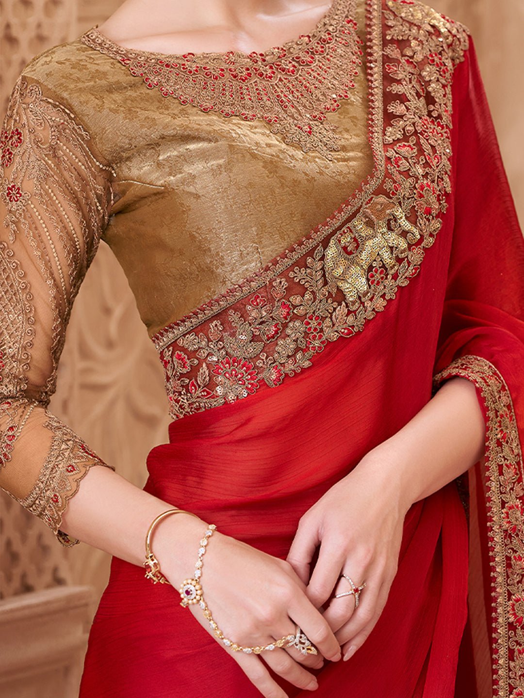 Red Satin Silk Embroidered Border Zari Work Blouse saree - Ressa