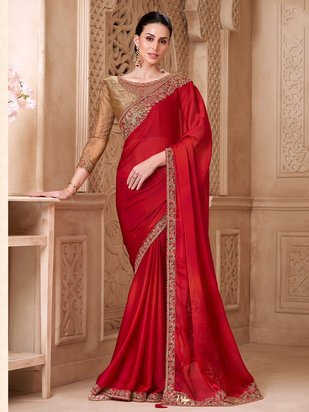 Red Satin Silk Embroidered Border Zari Work Blouse saree - Ressa