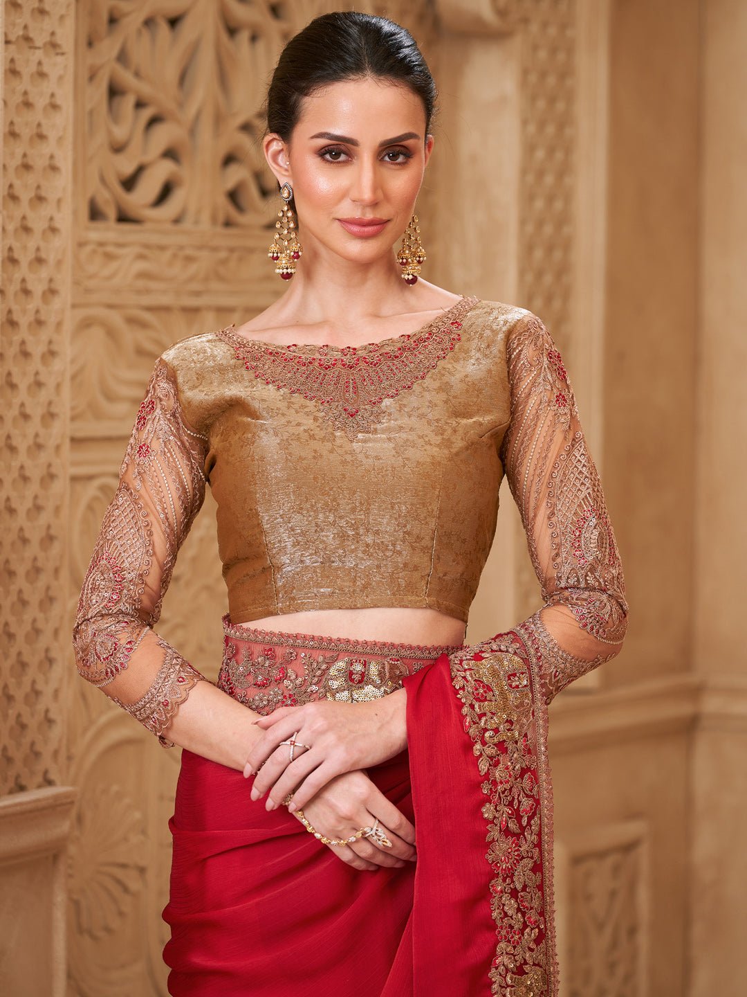 Red Satin Silk Embroidered Border Zari Work Blouse saree - Ressa