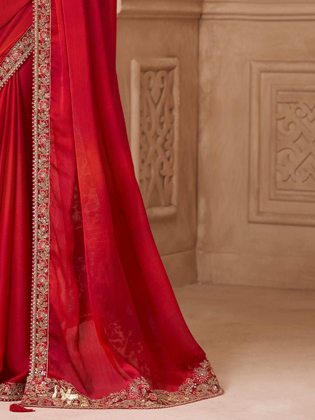 Red Satin Silk Embroidered Border Zari Work Blouse saree - Ressa