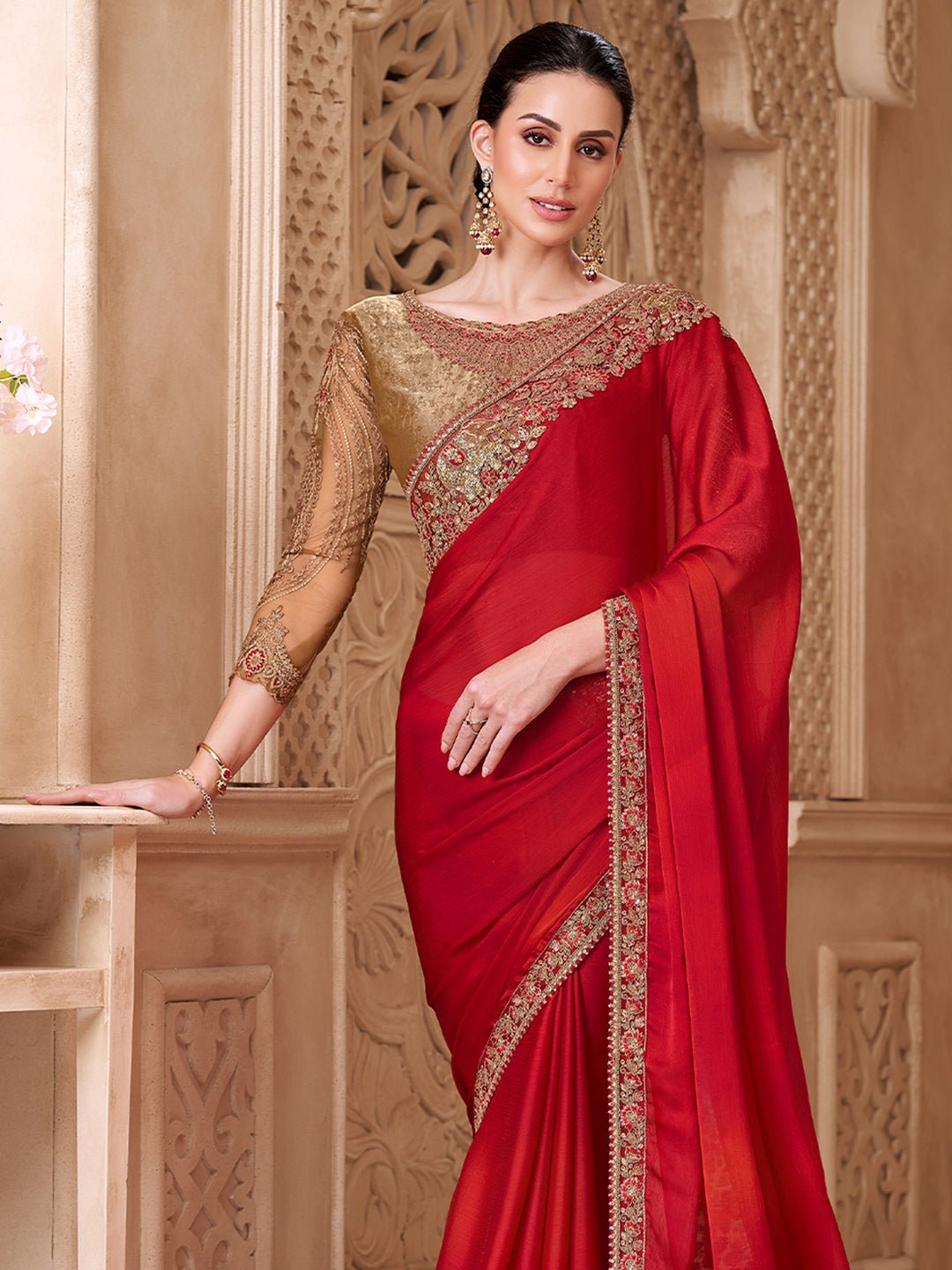 Red Satin Silk Embroidered Border Zari Work Blouse saree - Ressa