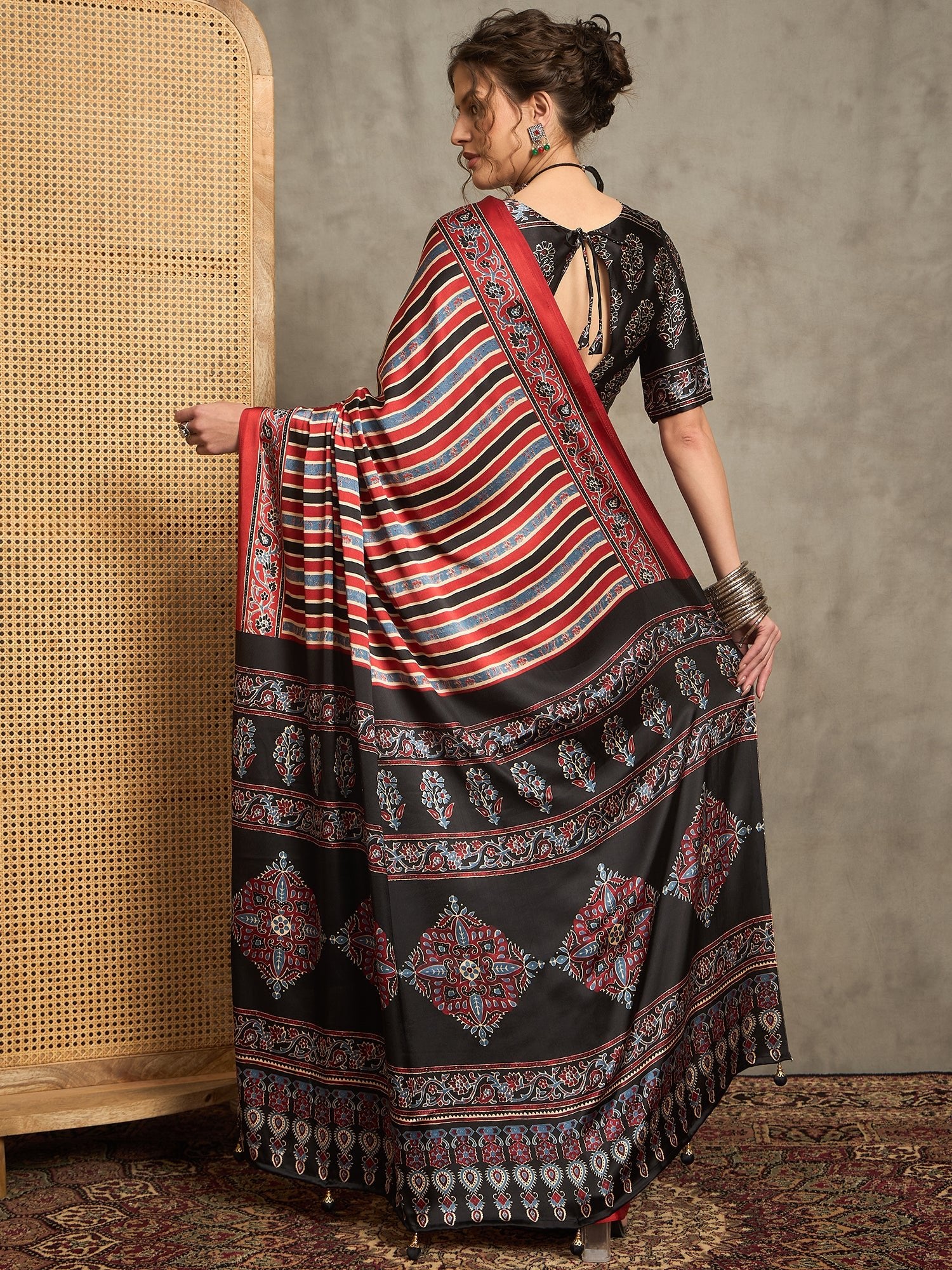 Red Satin Silk Geometric Saree - Ressa