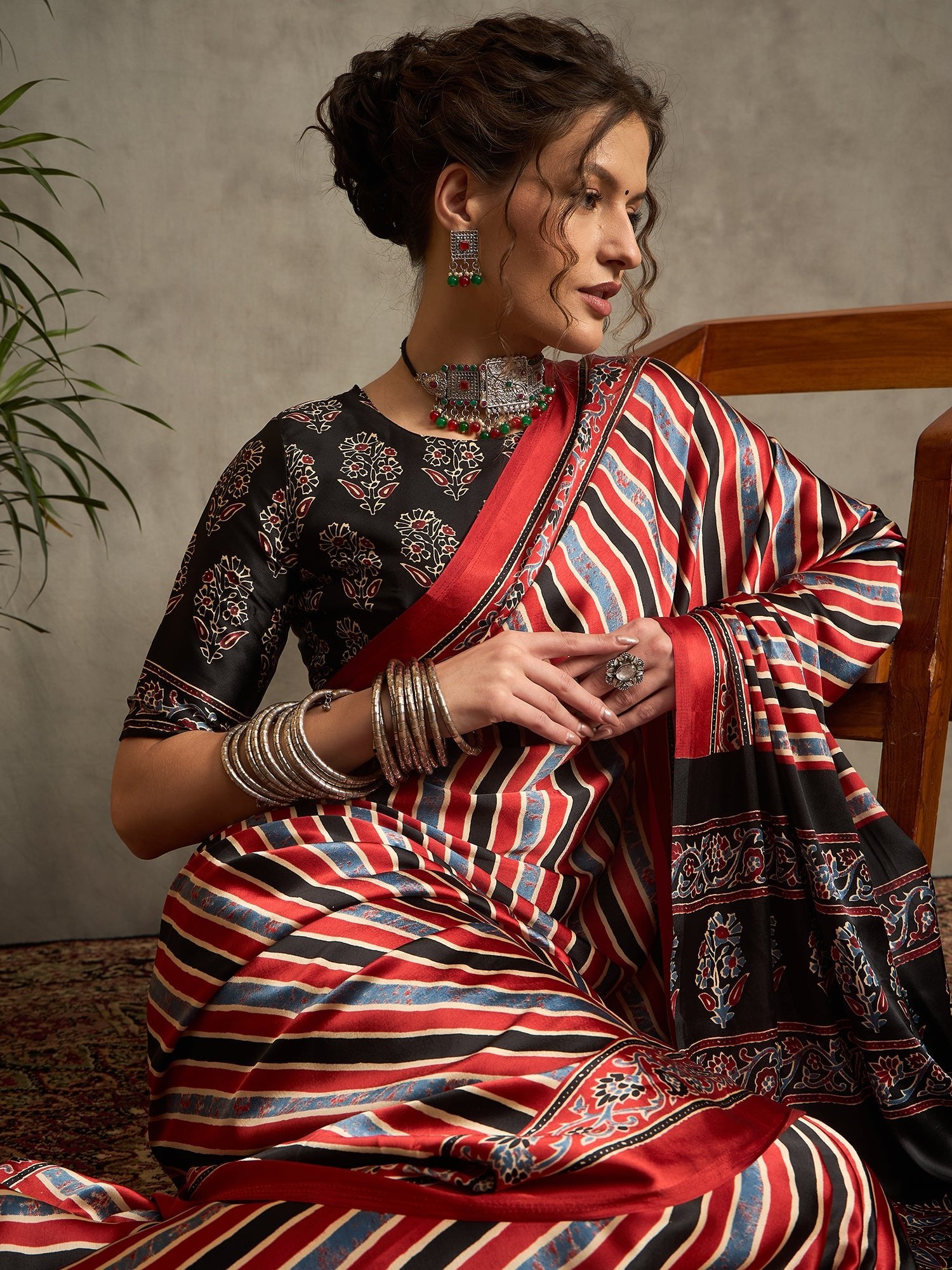 Red Satin Silk Geometric Saree - Ressa