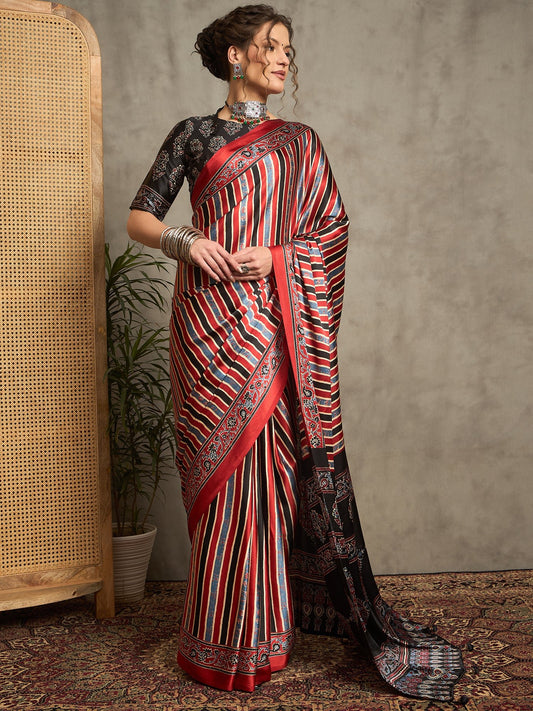 Red Satin Silk Geometric Saree - Ressa