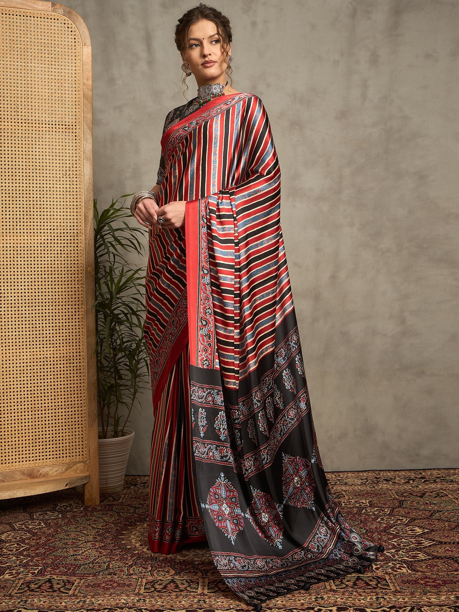 Red Satin Silk Geometric Saree - Ressa