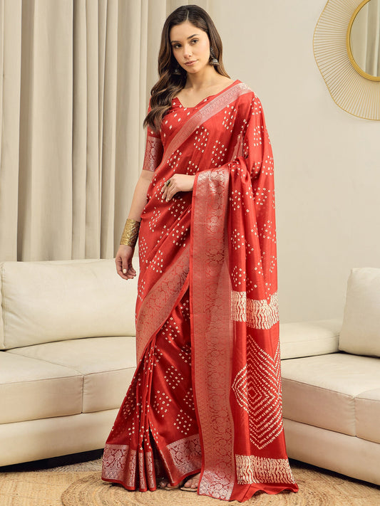 Red Silk Blend Bandhani Printed Saree - Ressa