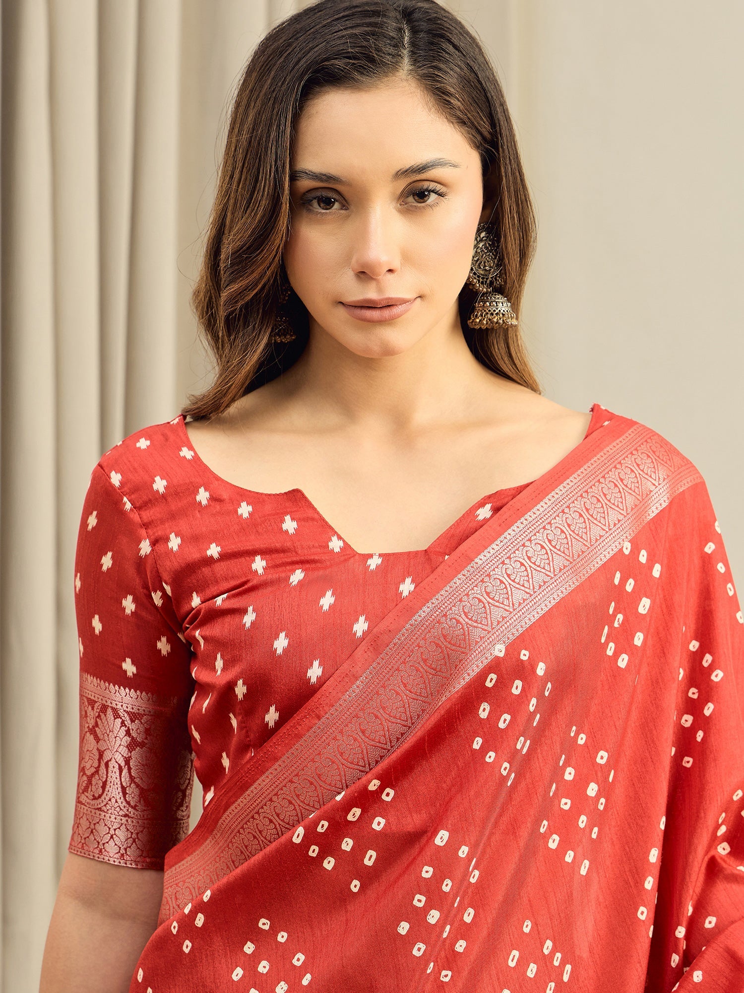 Red Silk Blend Bandhani Printed Saree - Ressa
