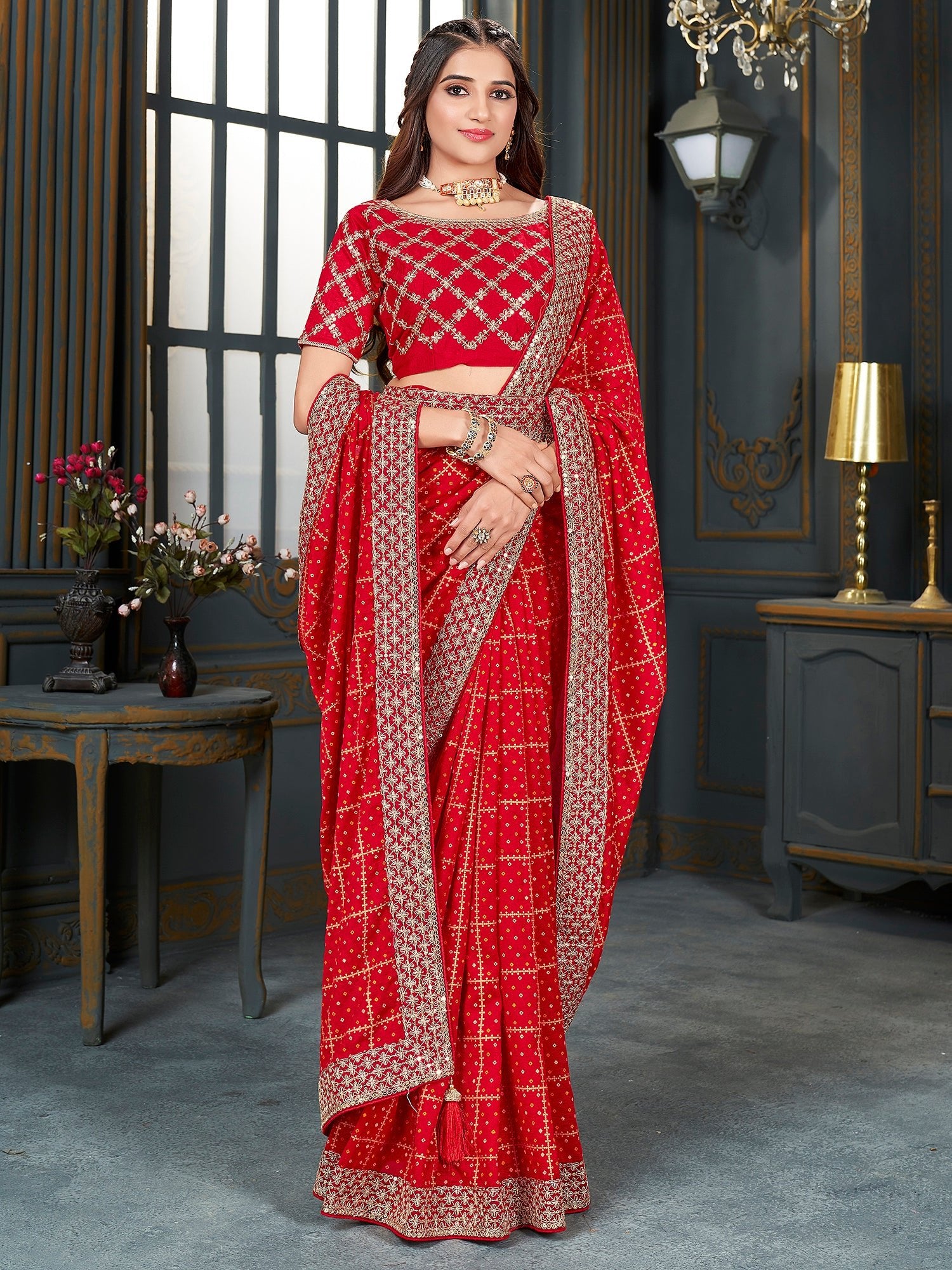 Red Silk Blend Golden Zari Grid Work Embroidered Border Designer Blouse Saree - Ressa