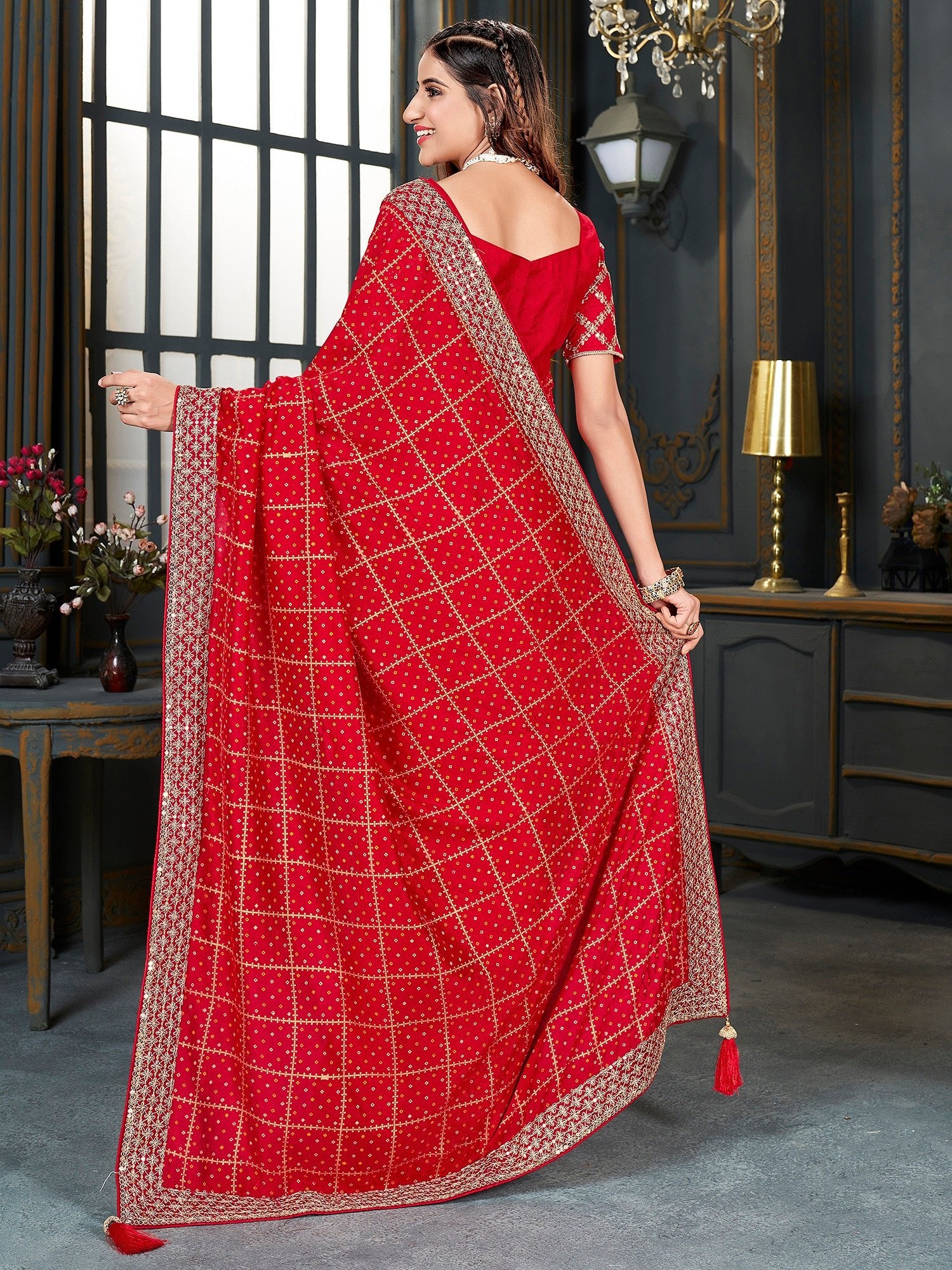 Red Silk Blend Golden Zari Grid Work Embroidered Border Designer Blouse Saree - Ressa
