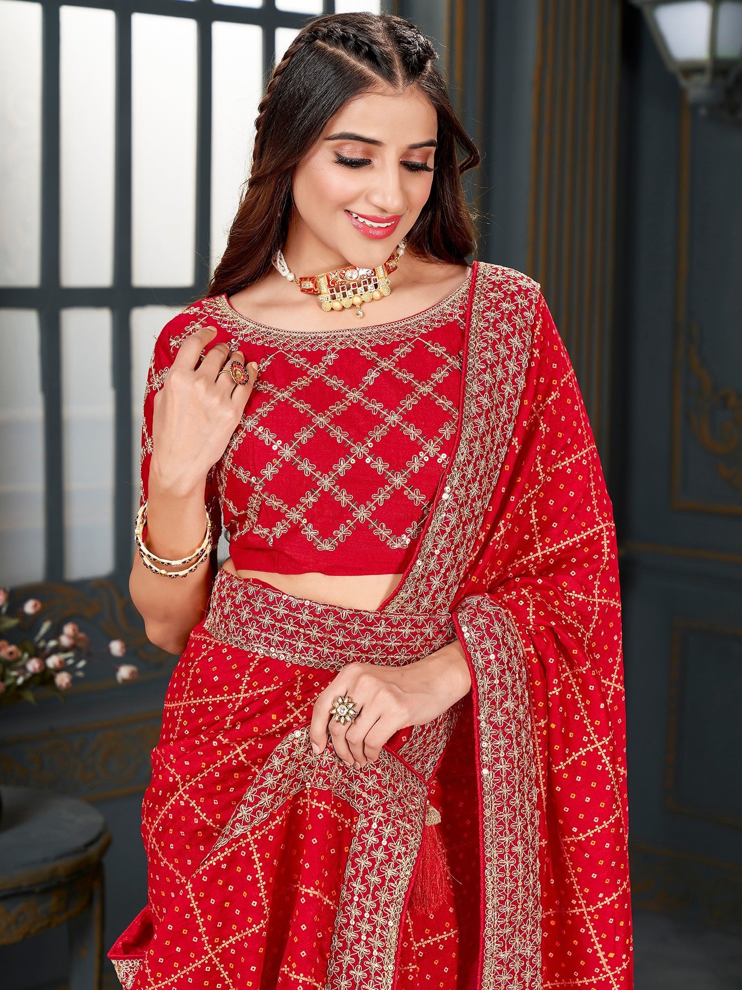 Red Silk Blend Golden Zari Grid Work Embroidered Border Designer Blouse Saree - Ressa