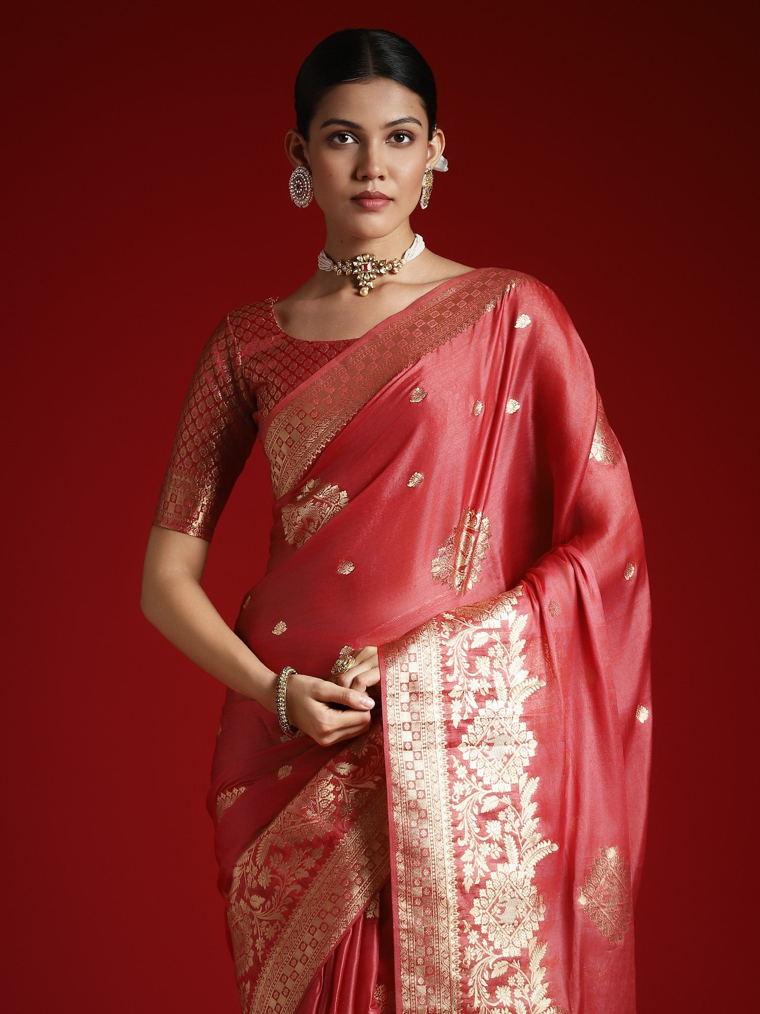 Red Silk Blend Heritage Banarasi Style Saree - Ressa