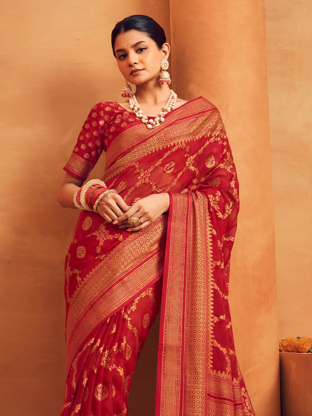 Red Silk Blend Heritage Banarasi Style Saree - Ressa