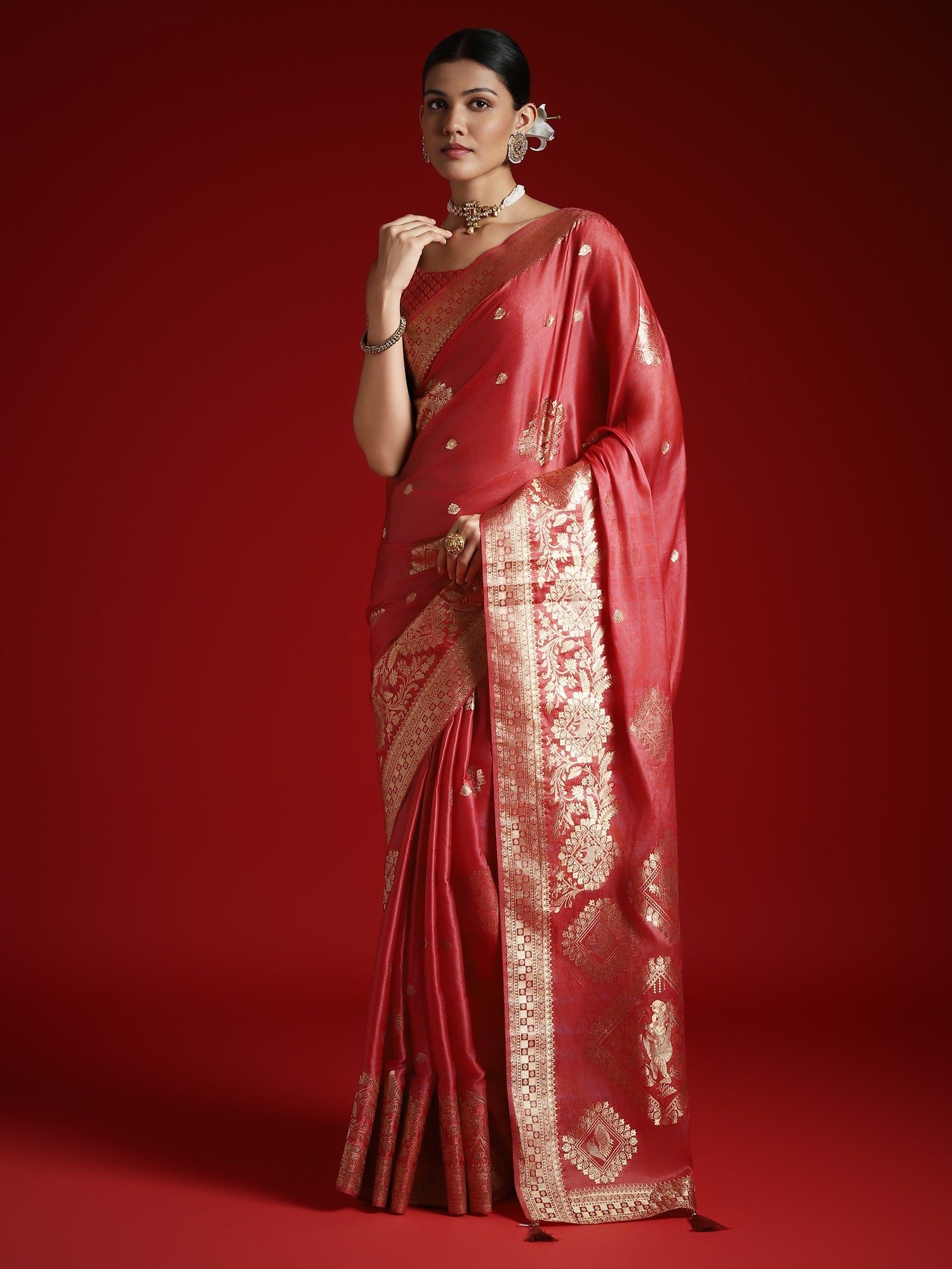 Red Silk Blend Heritage Banarasi Style Saree - Ressa
