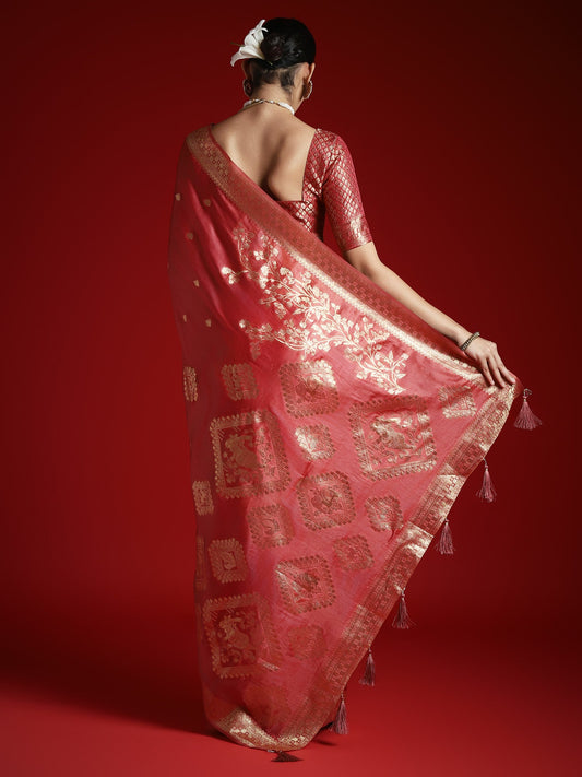Red Silk Blend Heritage Banarasi Style Saree - Ressa