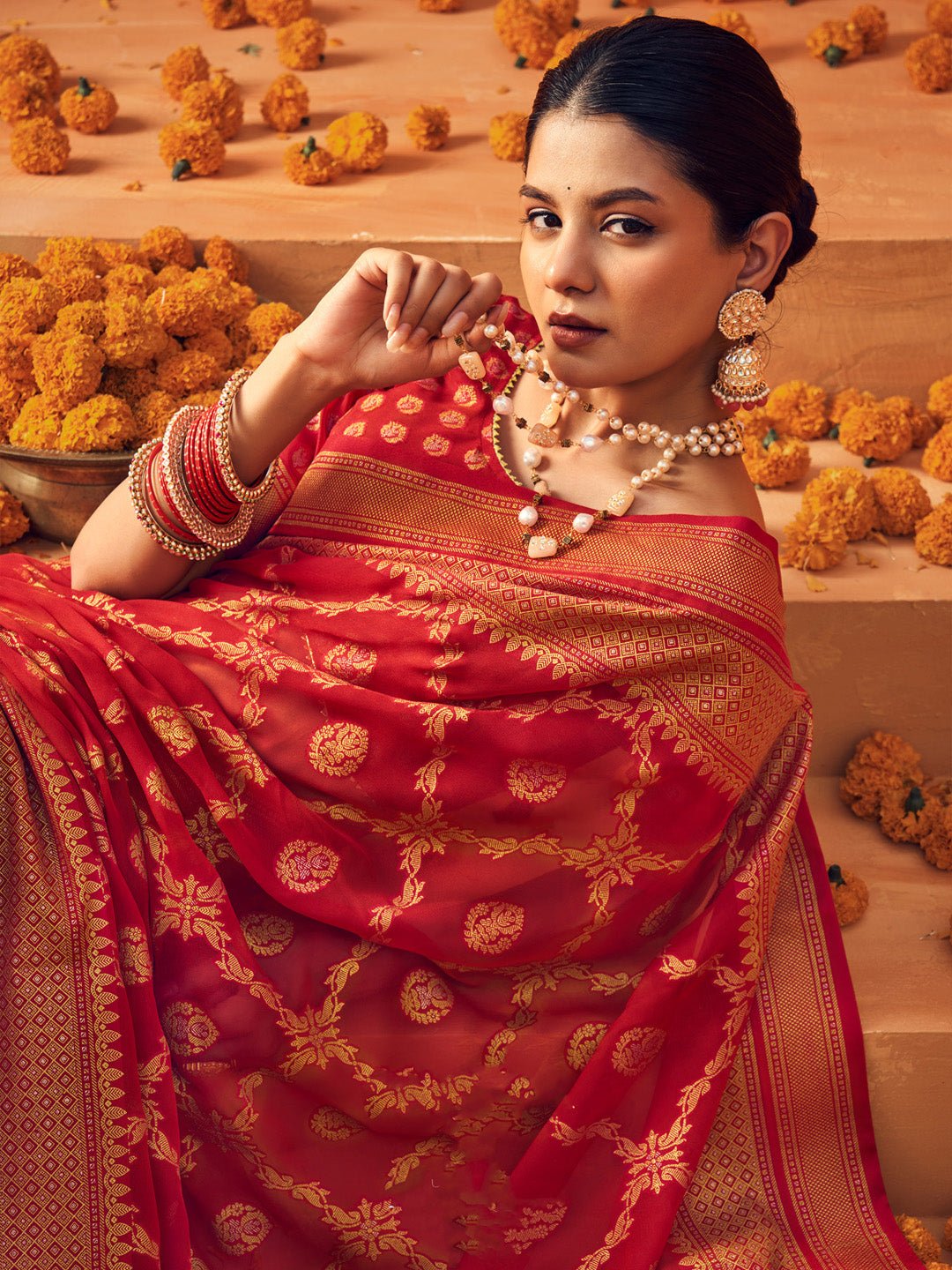 Red Silk Blend Heritage Banarasi Style Saree - Ressa