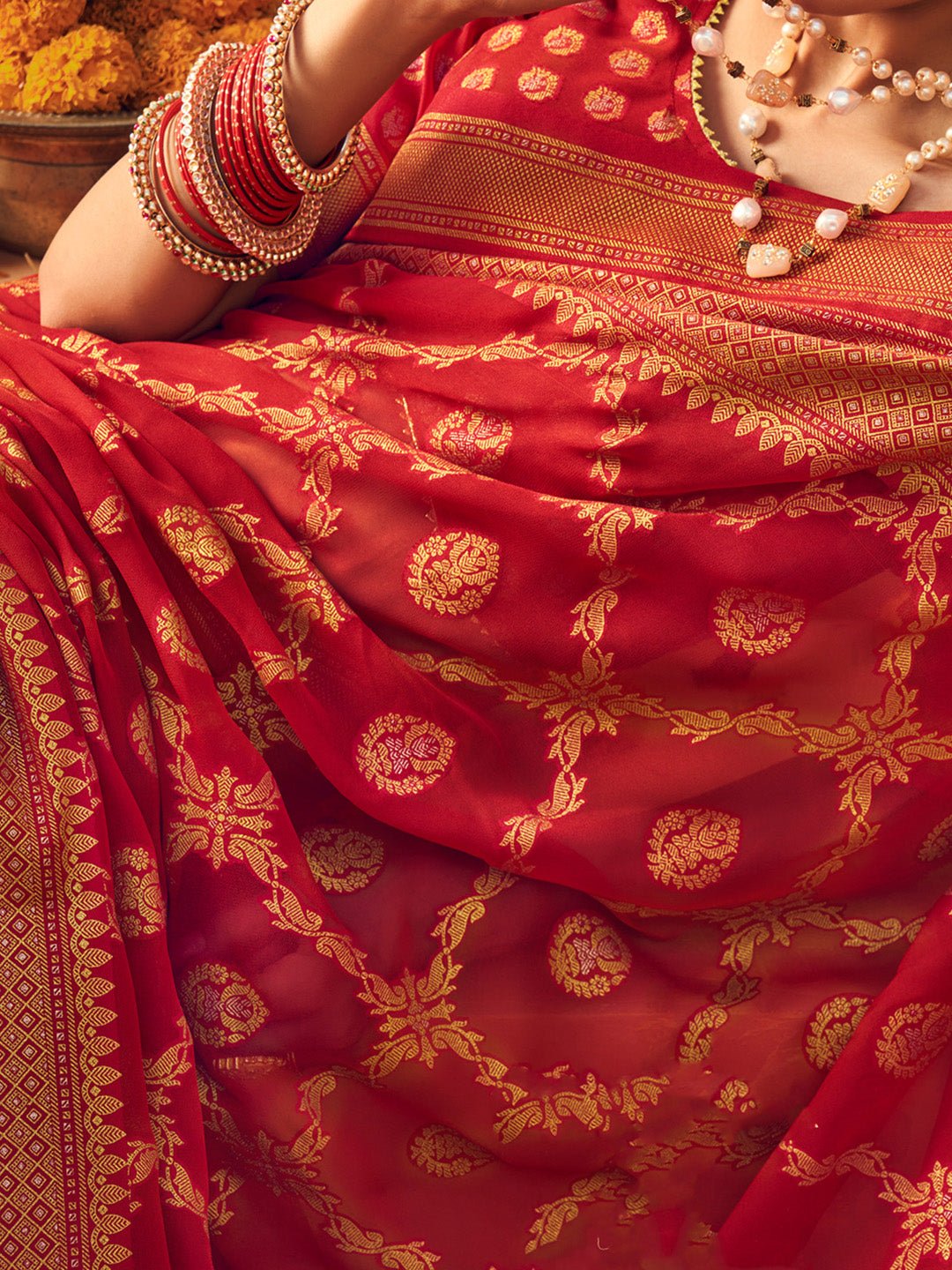 Red Silk Blend Heritage Banarasi Style Saree - Ressa