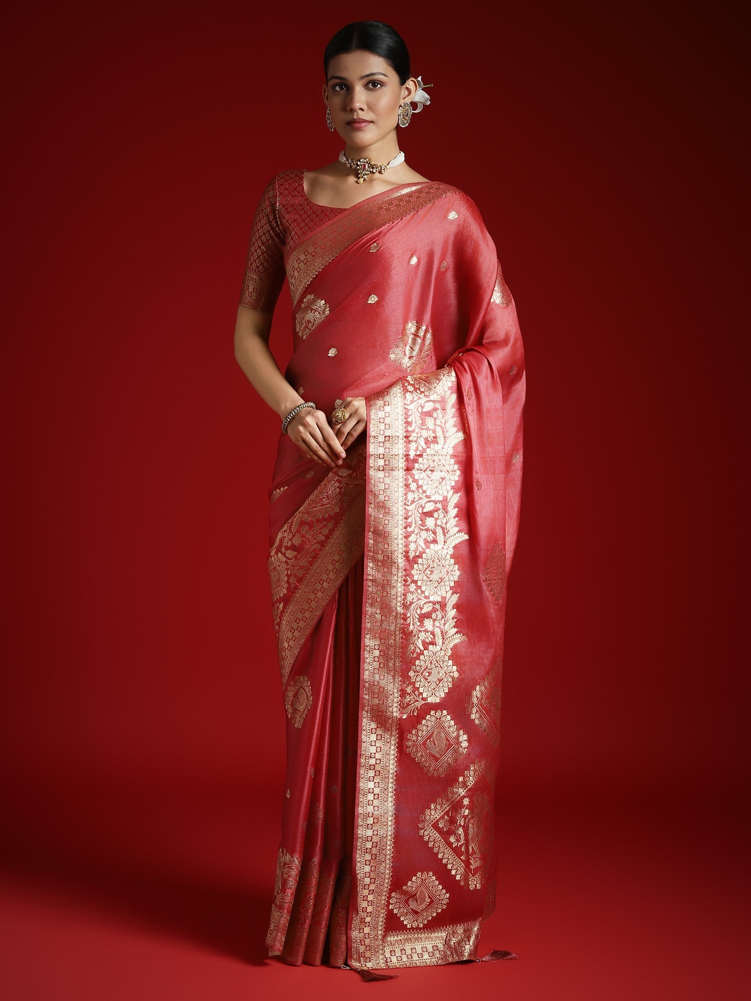 Red Silk Blend Heritage Banarasi Style Saree - Ressa