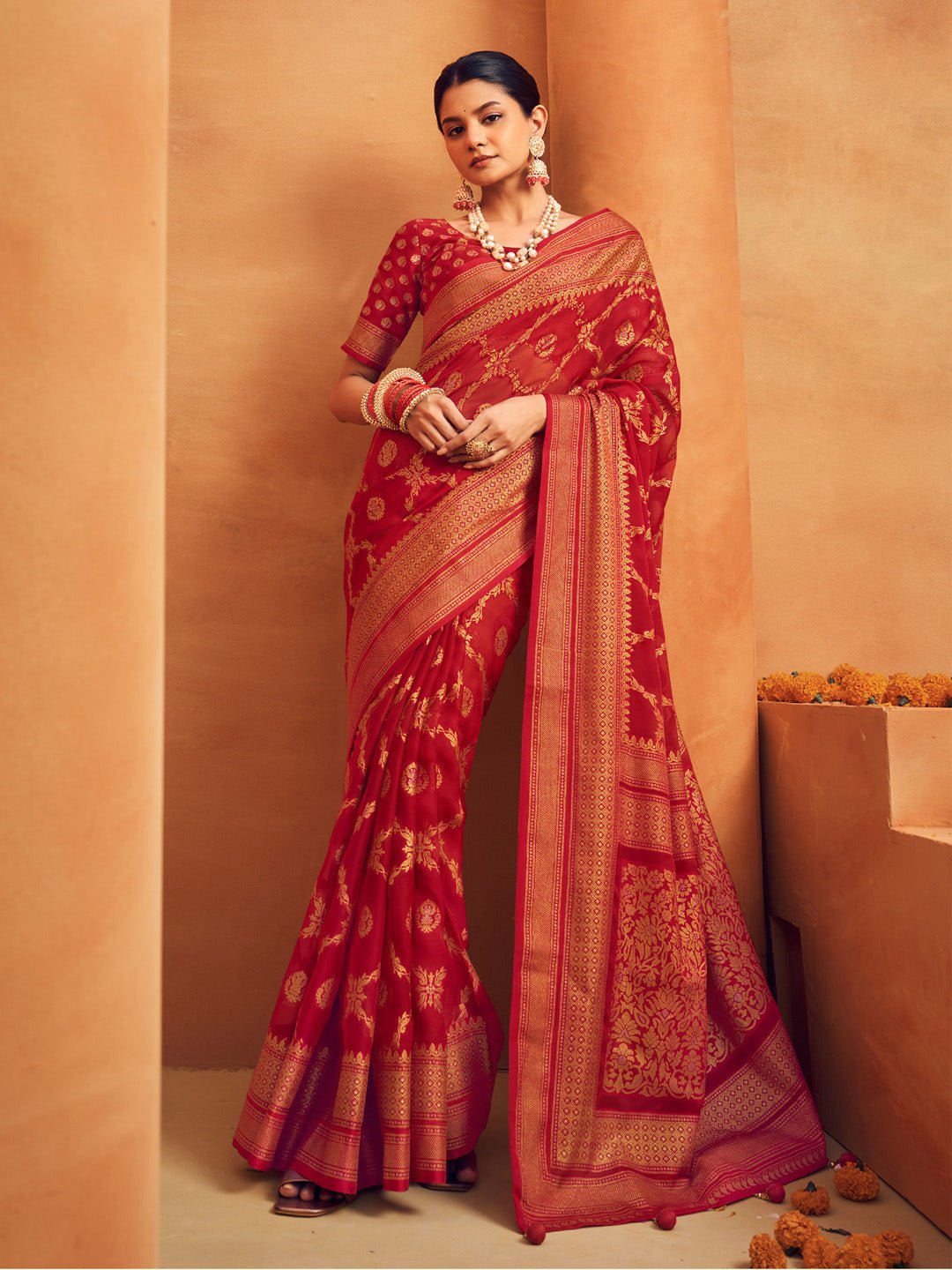 Red Silk Blend Heritage Banarasi Style Saree - Ressa