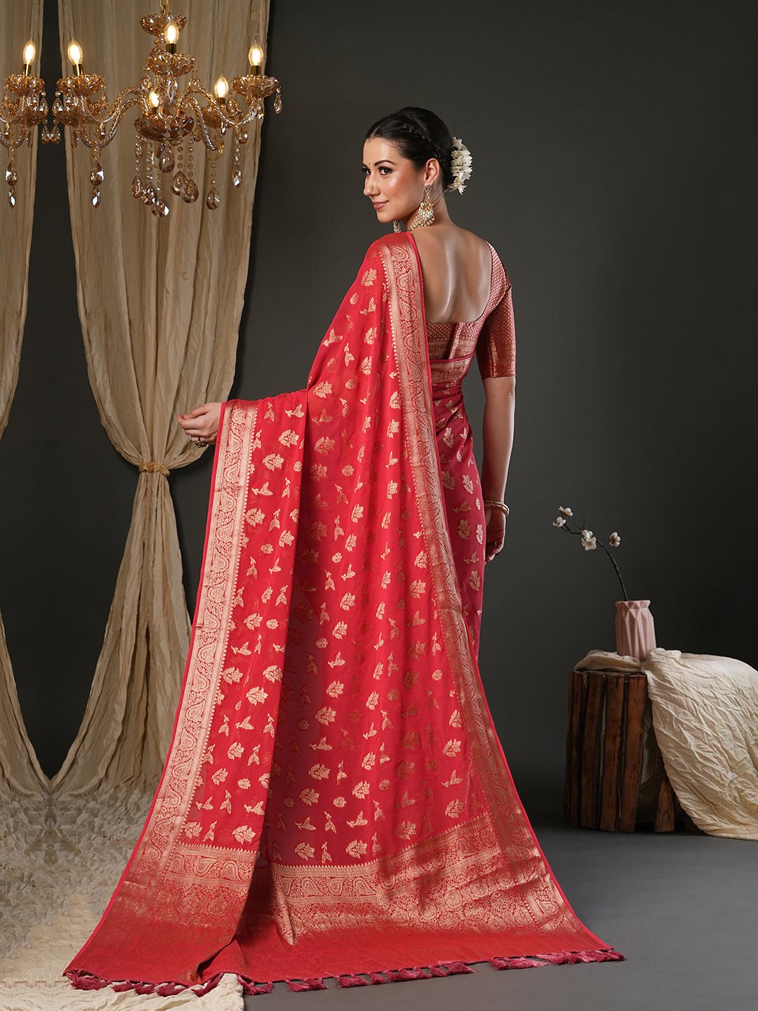 Red Silk Blend Heritage Banarasi Style Zari Woven - Ressa