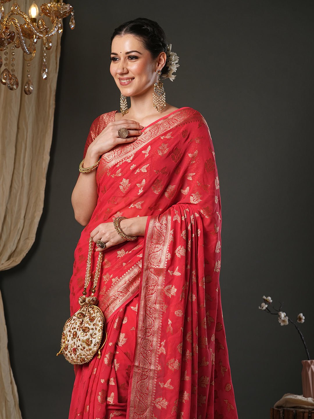 Red Silk Blend Heritage Banarasi Style Zari Woven - Ressa