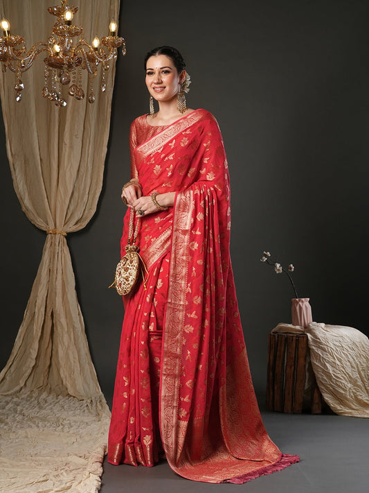 Red Silk Blend Heritage Banarasi Style Zari Woven - Ressa