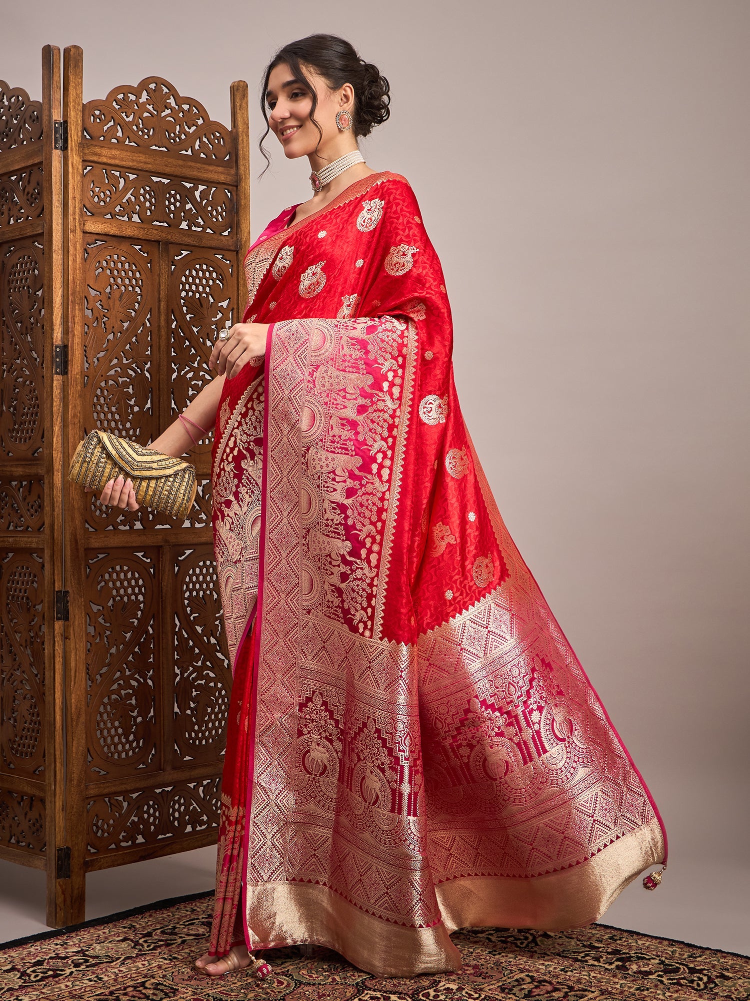 Red Silk Blend Heritage Banarasi Style Zari Woven saree - Ressa