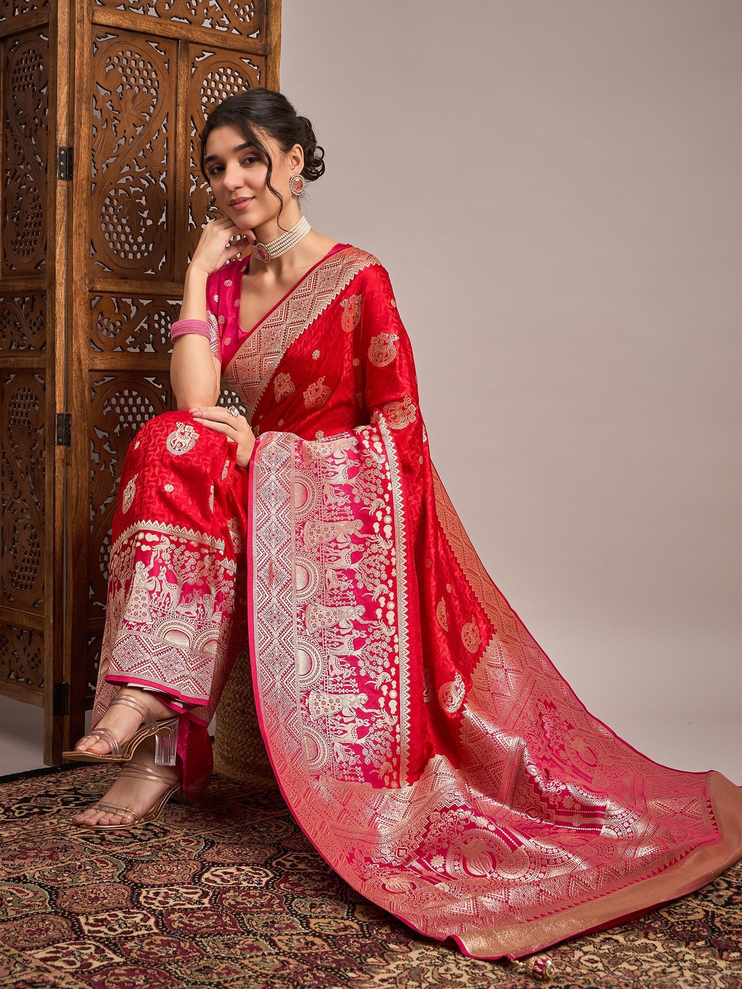 Red Silk Blend Heritage Banarasi Style Zari Woven saree - Ressa