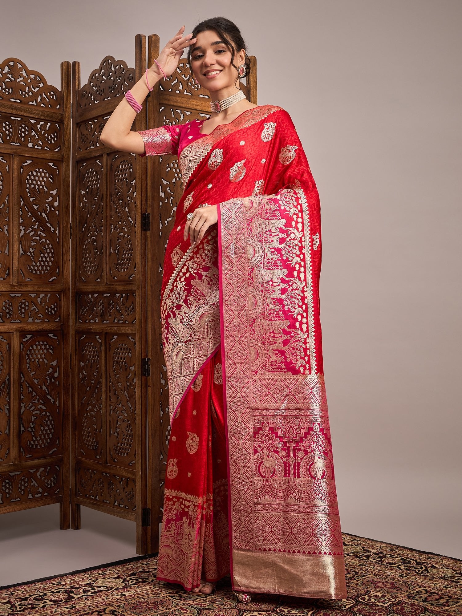 Red Silk Blend Heritage Banarasi Style Zari Woven saree - Ressa