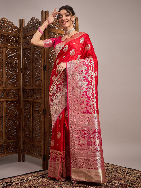 Red Silk Blend Heritage Banarasi Style Zari Woven saree - Ressa