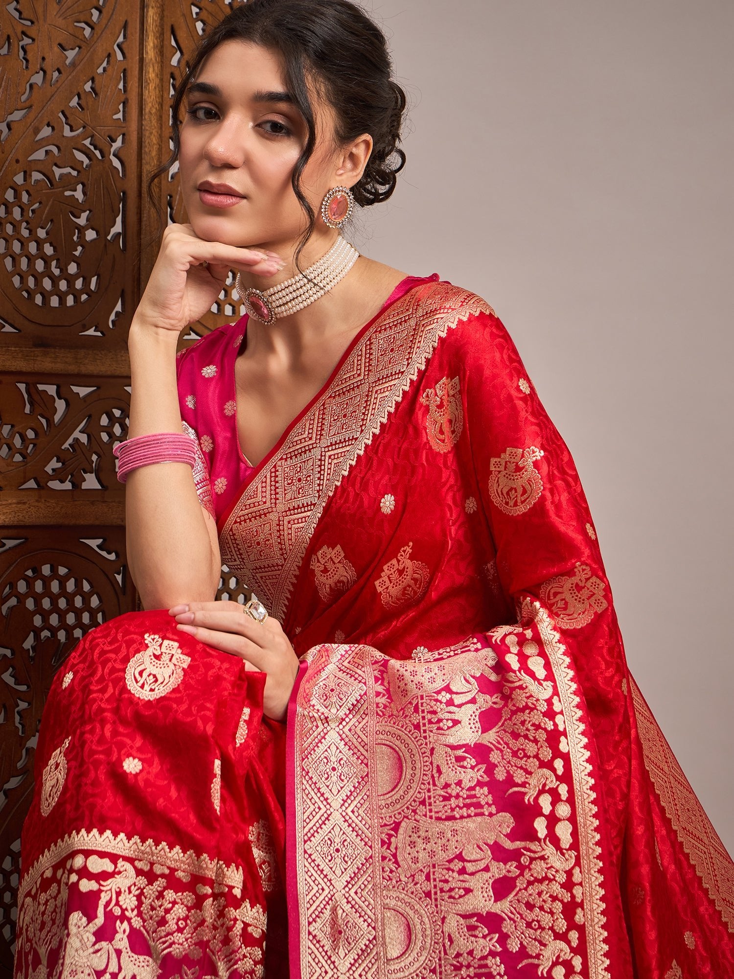 Red Silk Blend Heritage Banarasi Style Zari Woven saree - Ressa