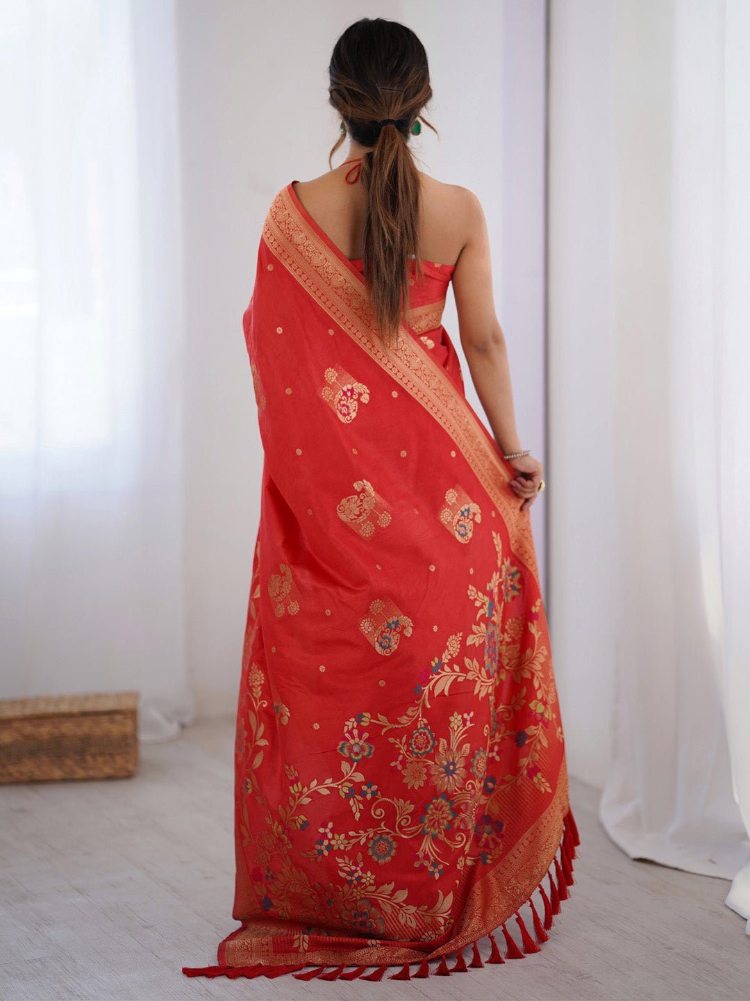 Red Silk Blend Heritage Banarasi Style Zari Woven Saree - Ressa