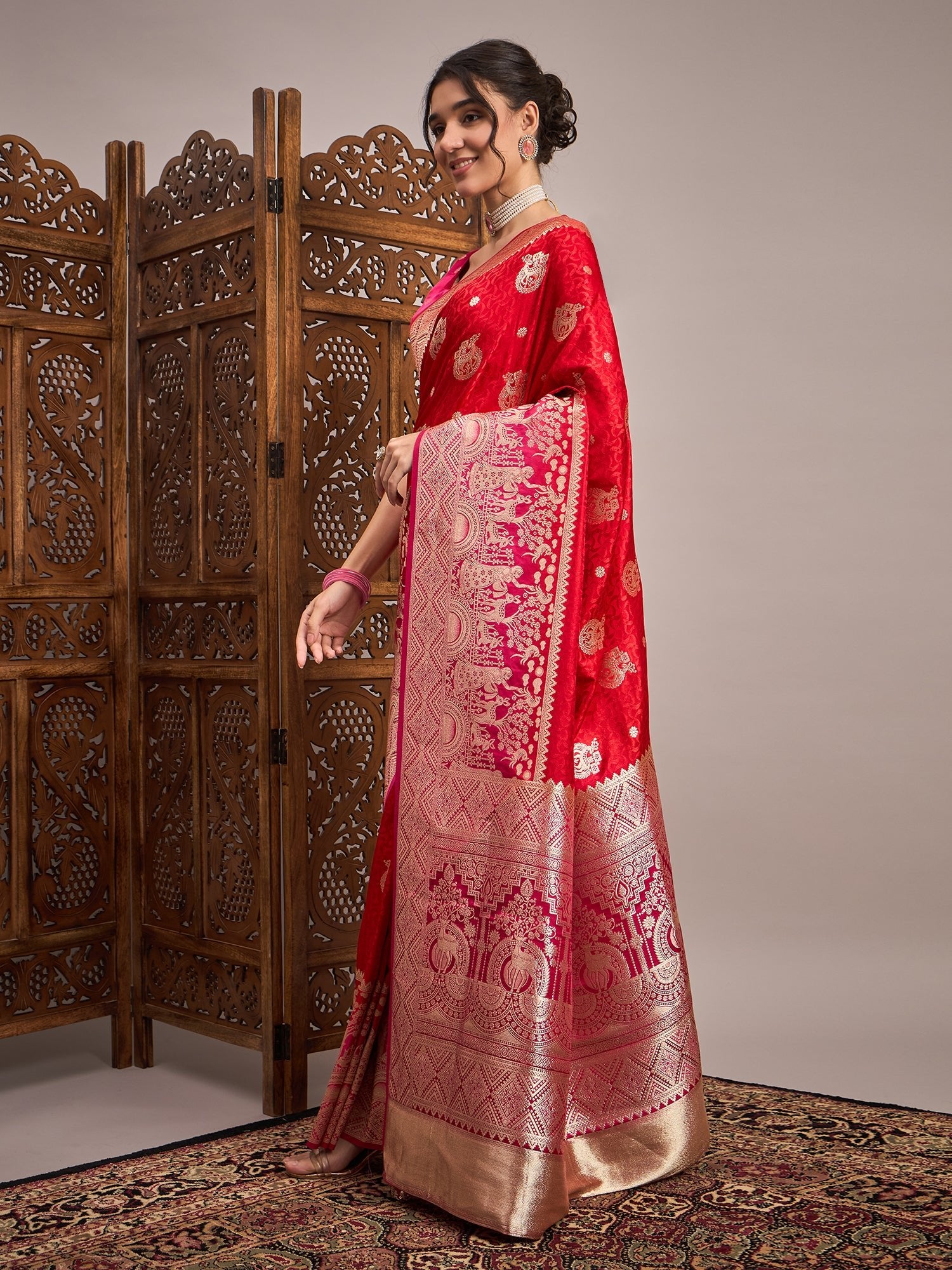 Red Silk Blend Heritage Banarasi Style Zari Woven saree - Ressa