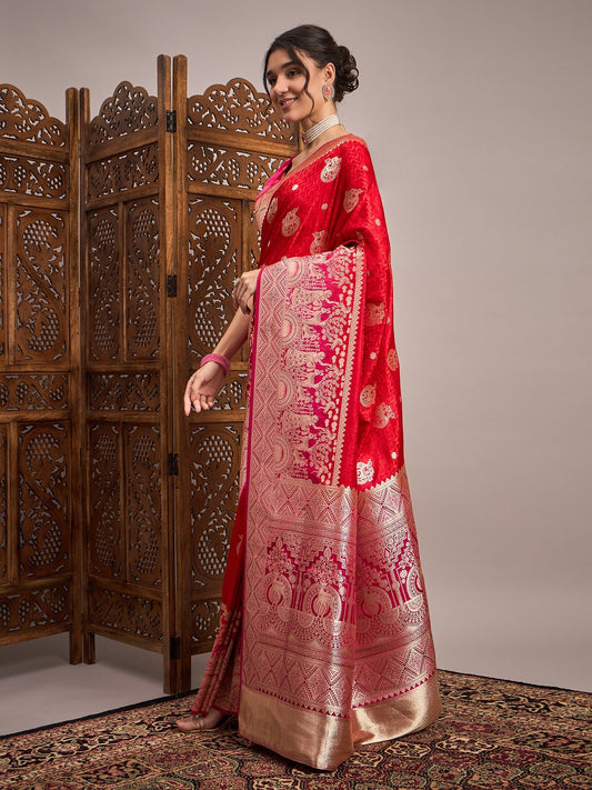 Red Silk Blend Heritage Banarasi Style Zari Woven saree - Ressa