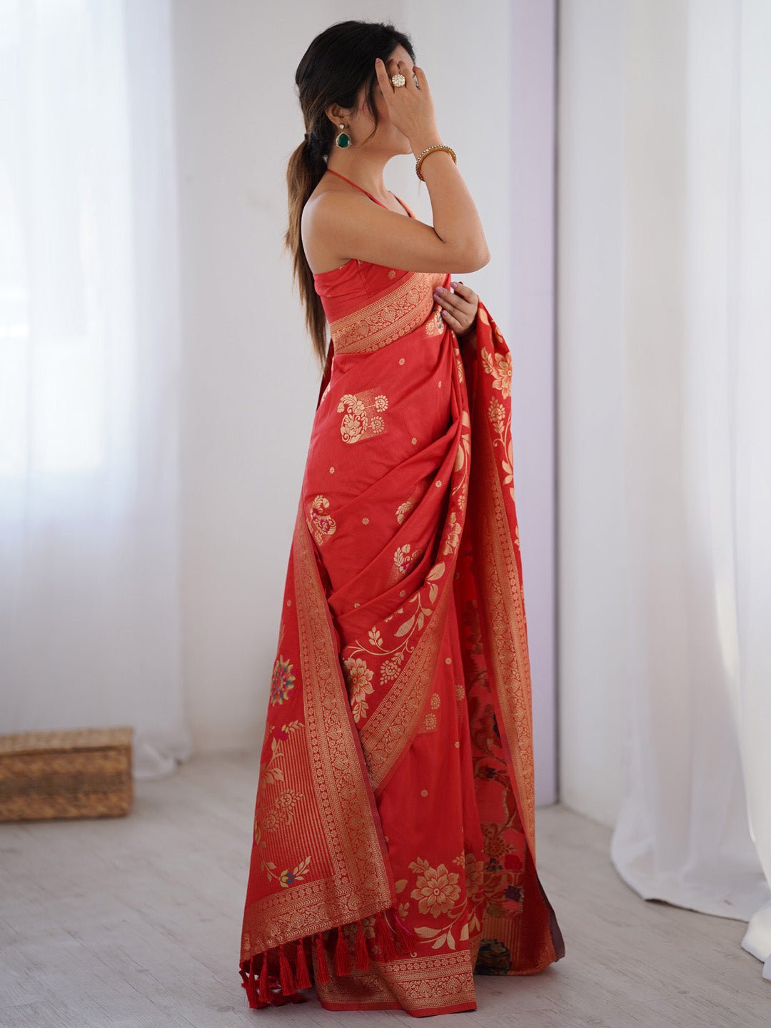 Red Silk Blend Heritage Banarasi Style Zari Woven Saree - Ressa