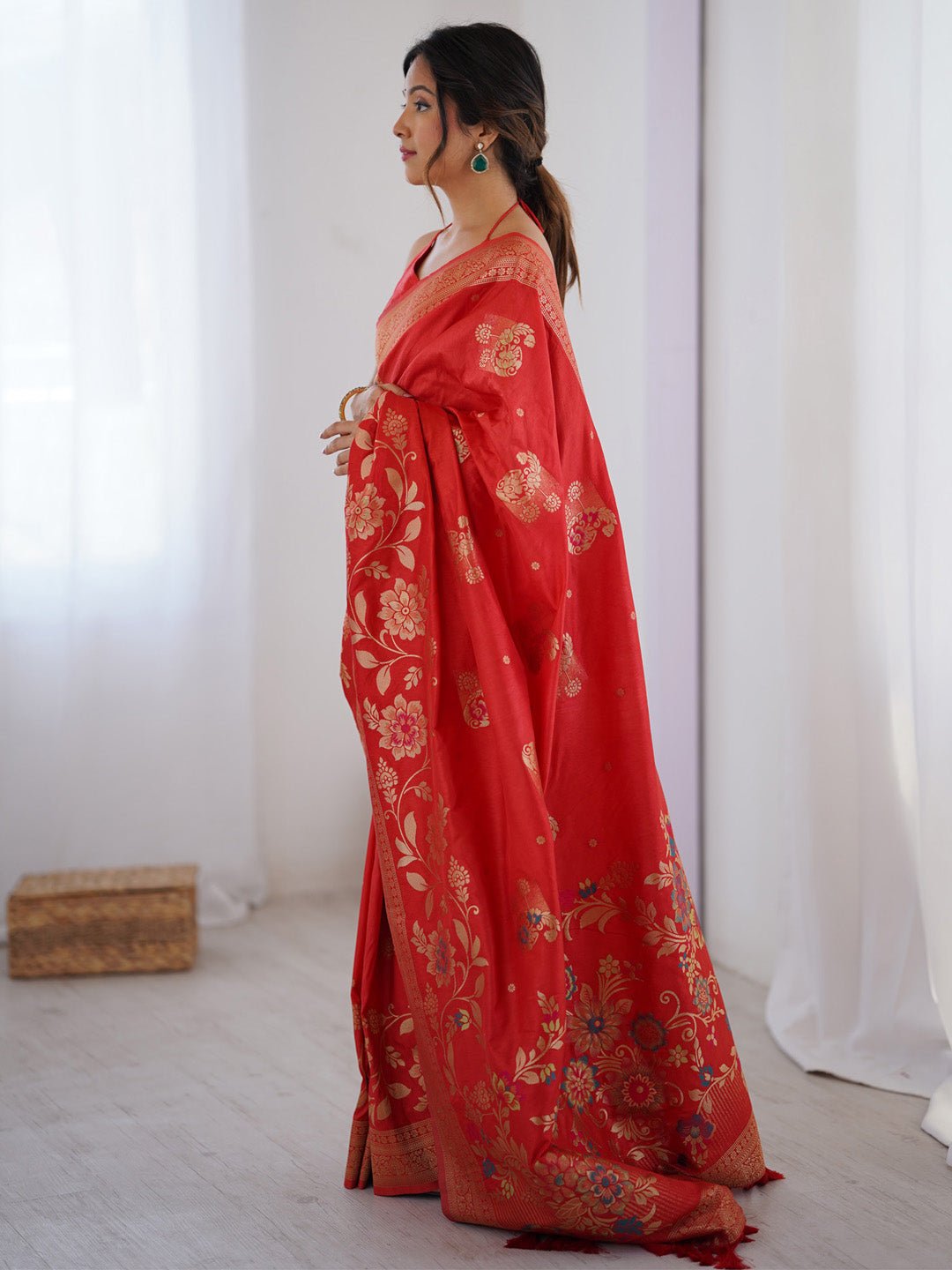 Red Silk Blend Heritage Banarasi Style Zari Woven Saree - Ressa