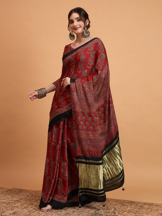 Red Silk Blend Heritage Zari Weaving Saree - Ressa