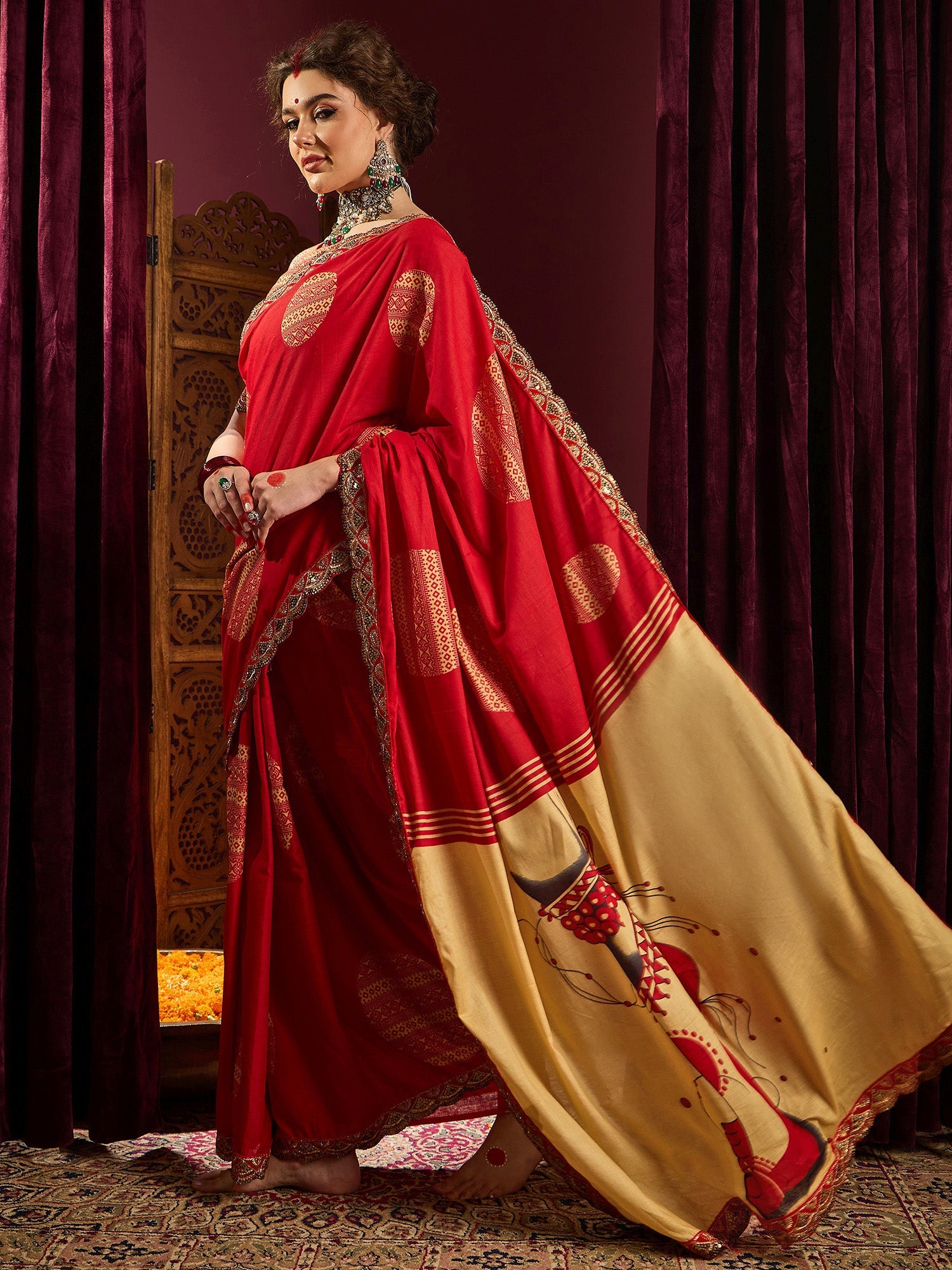 Red Silk Blend Large Zari Butta Banarasi Saree - Ressa