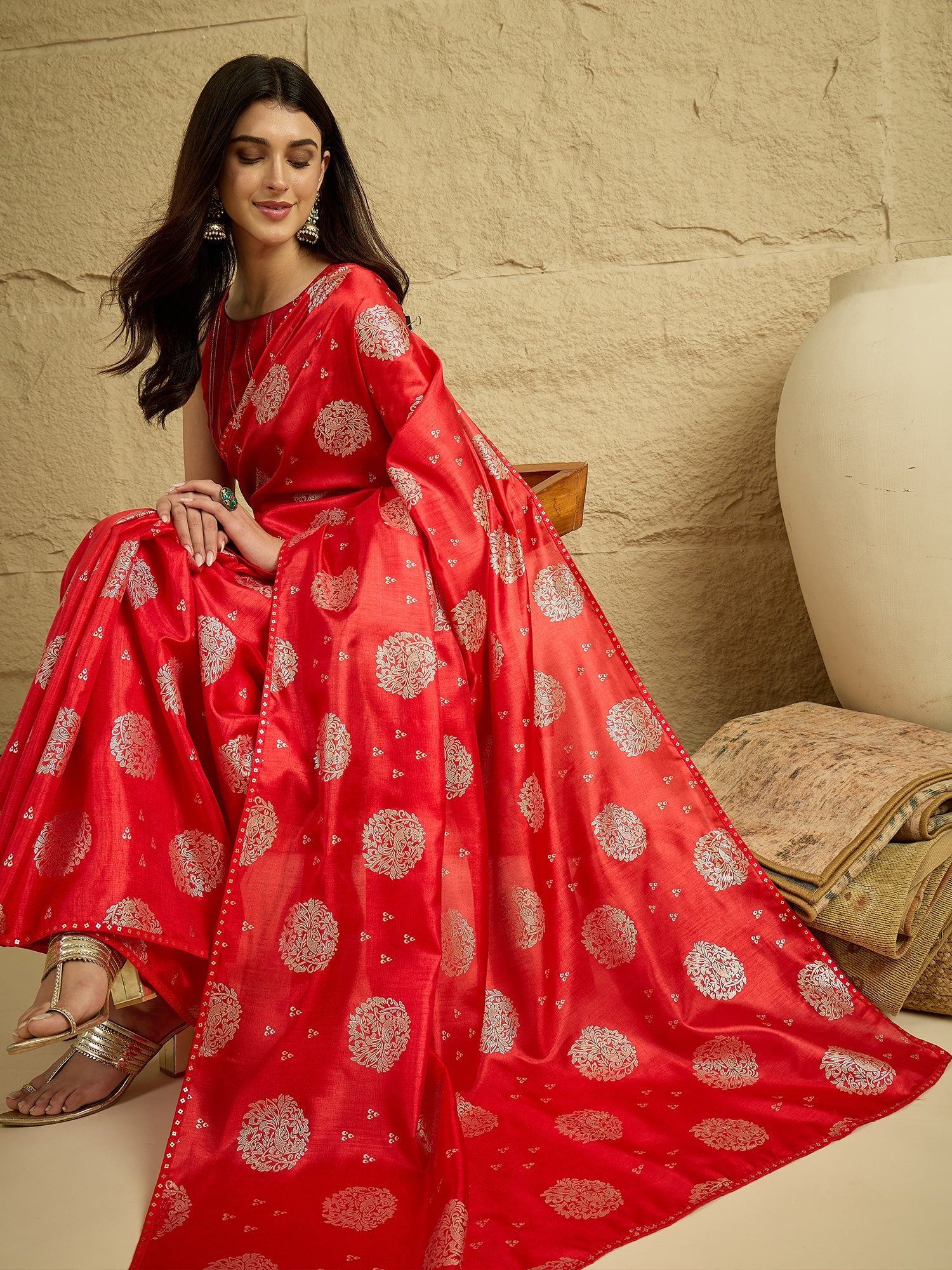 Red Silk Blend Traditional Woven Saree - Ressa
