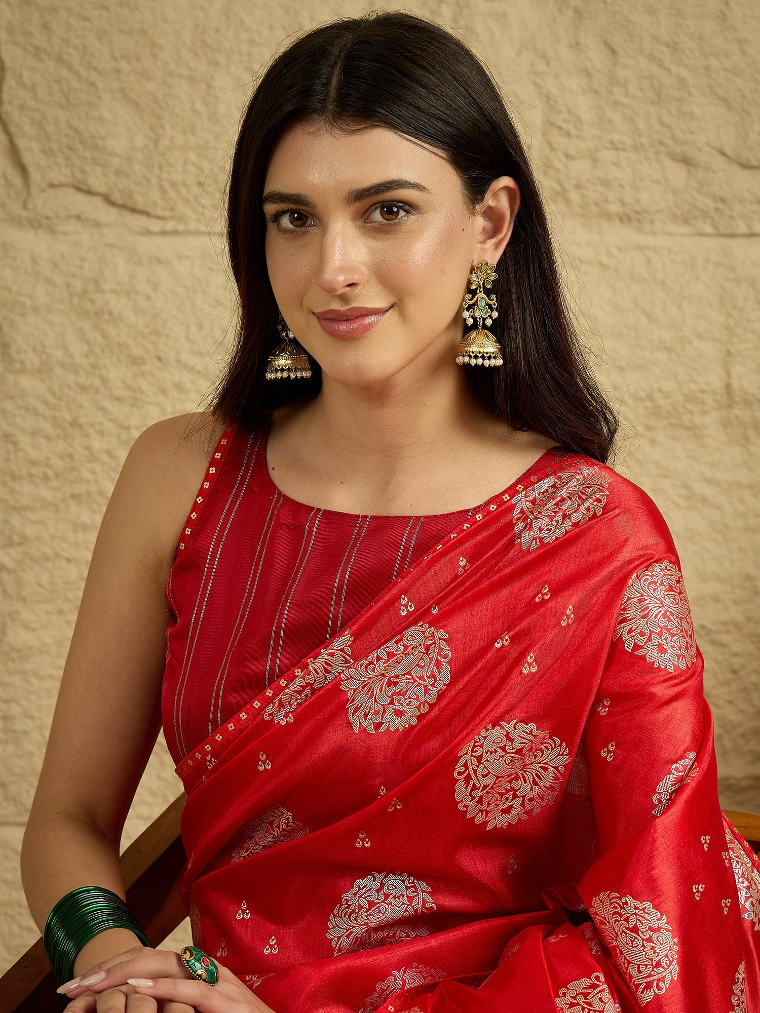 Red Silk Blend Traditional Woven Saree - Ressa
