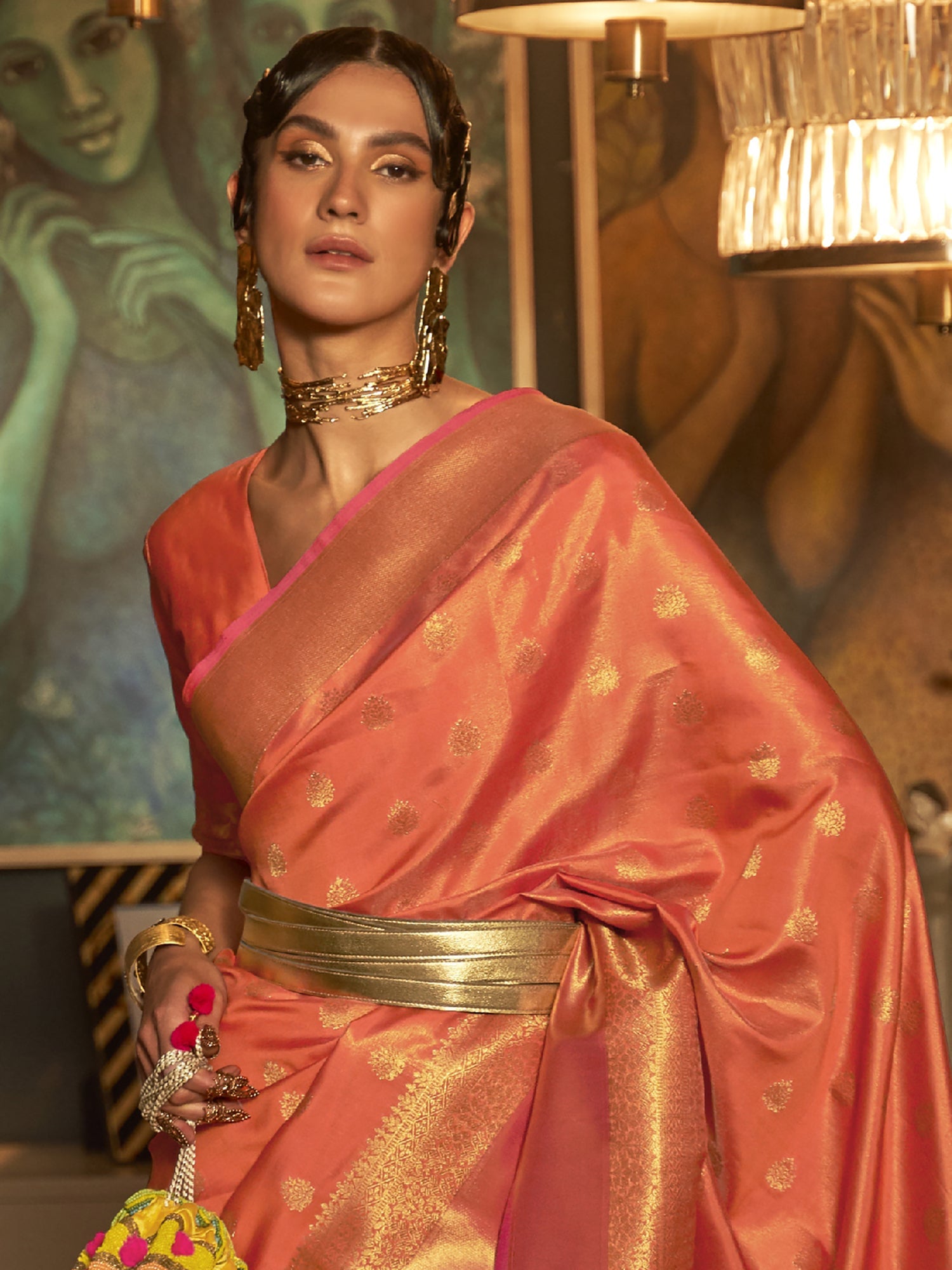 Red Silk Blend With Gold Zari Banarasi Woven Saree - Ressa