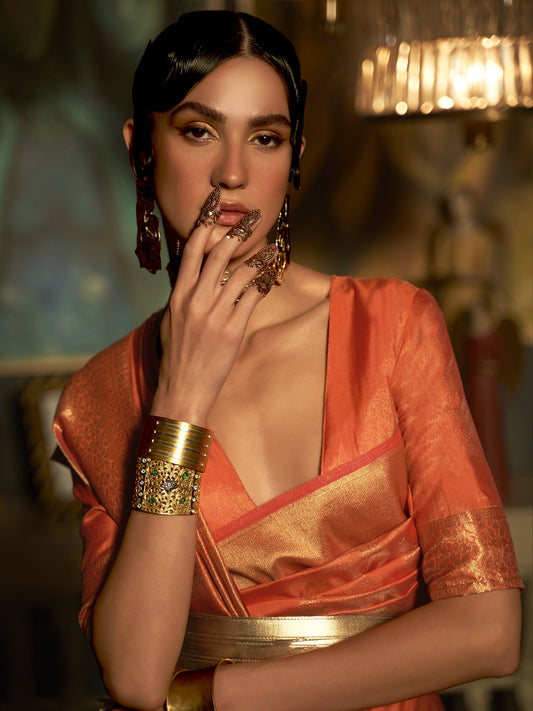 Red Silk Blend With Gold Zari Banarasi Woven Saree - Ressa
