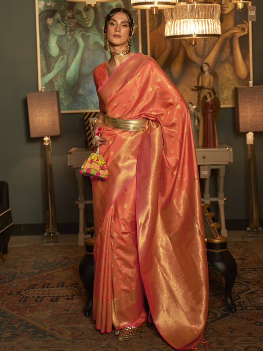 Red Silk Blend With Gold Zari Banarasi Woven Saree - Ressa
