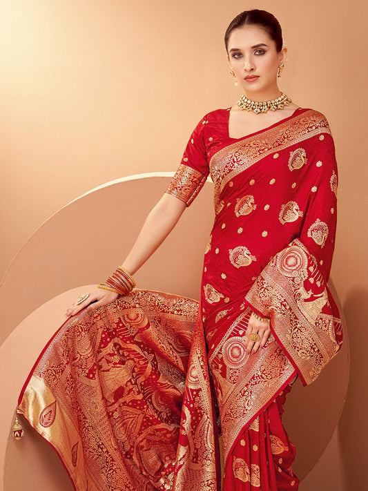 Red Silk Blend Zari Weaving Saree - Ressa