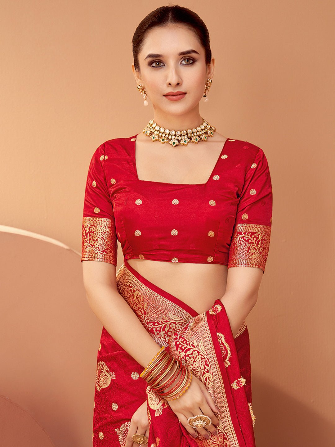 Red Silk Blend Zari Weaving Saree - Ressa