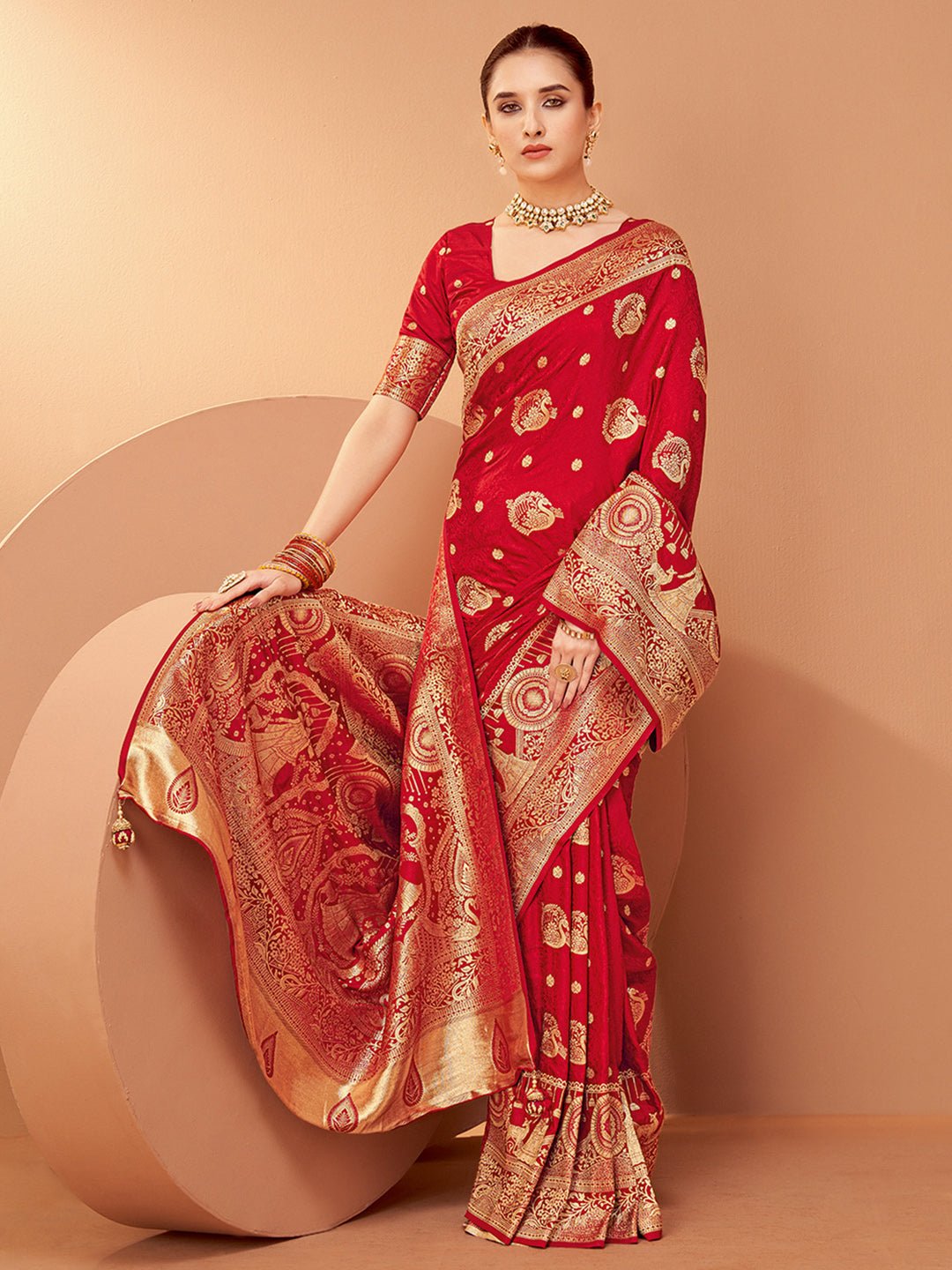 Red Silk Blend Zari Weaving Saree - Ressa
