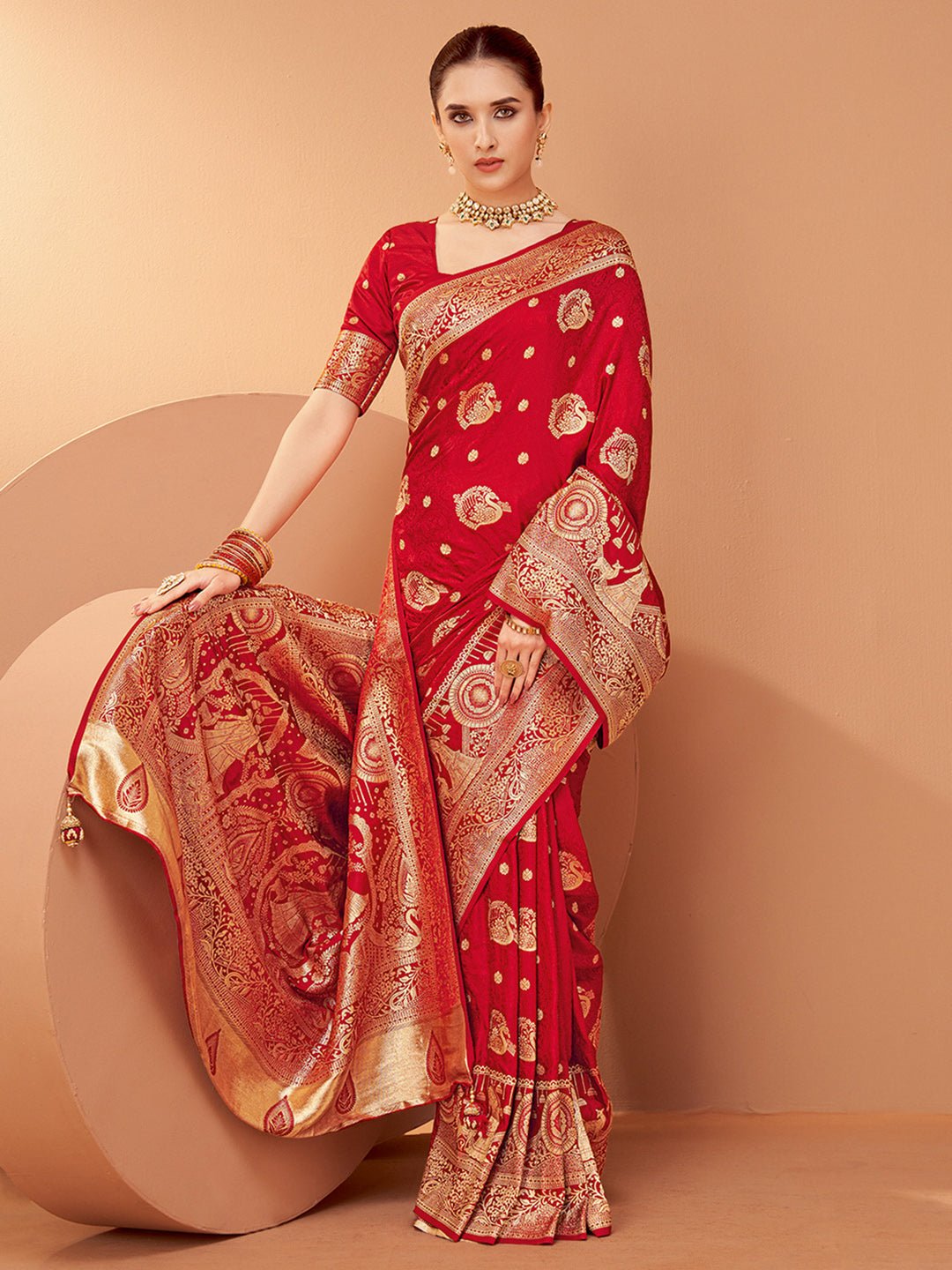 Red Silk Blend Zari Weaving Saree - Ressa