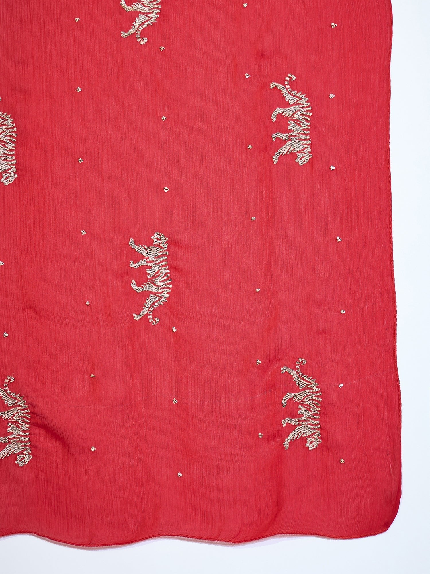 Red Silk Saree with Embroidered Tiger Motifs - Ressa