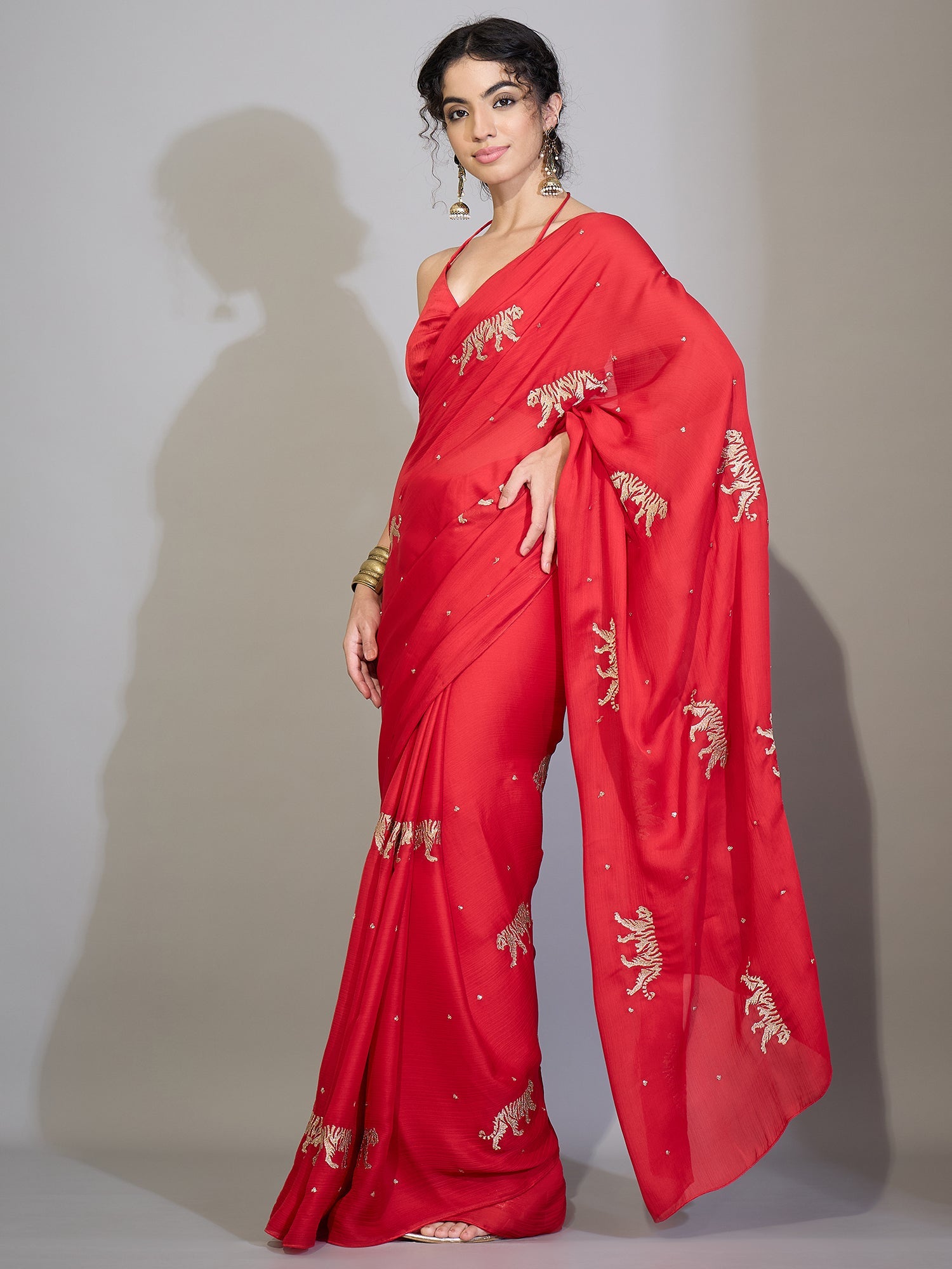 Red Silk Saree with Embroidered Tiger Motifs - Ressa