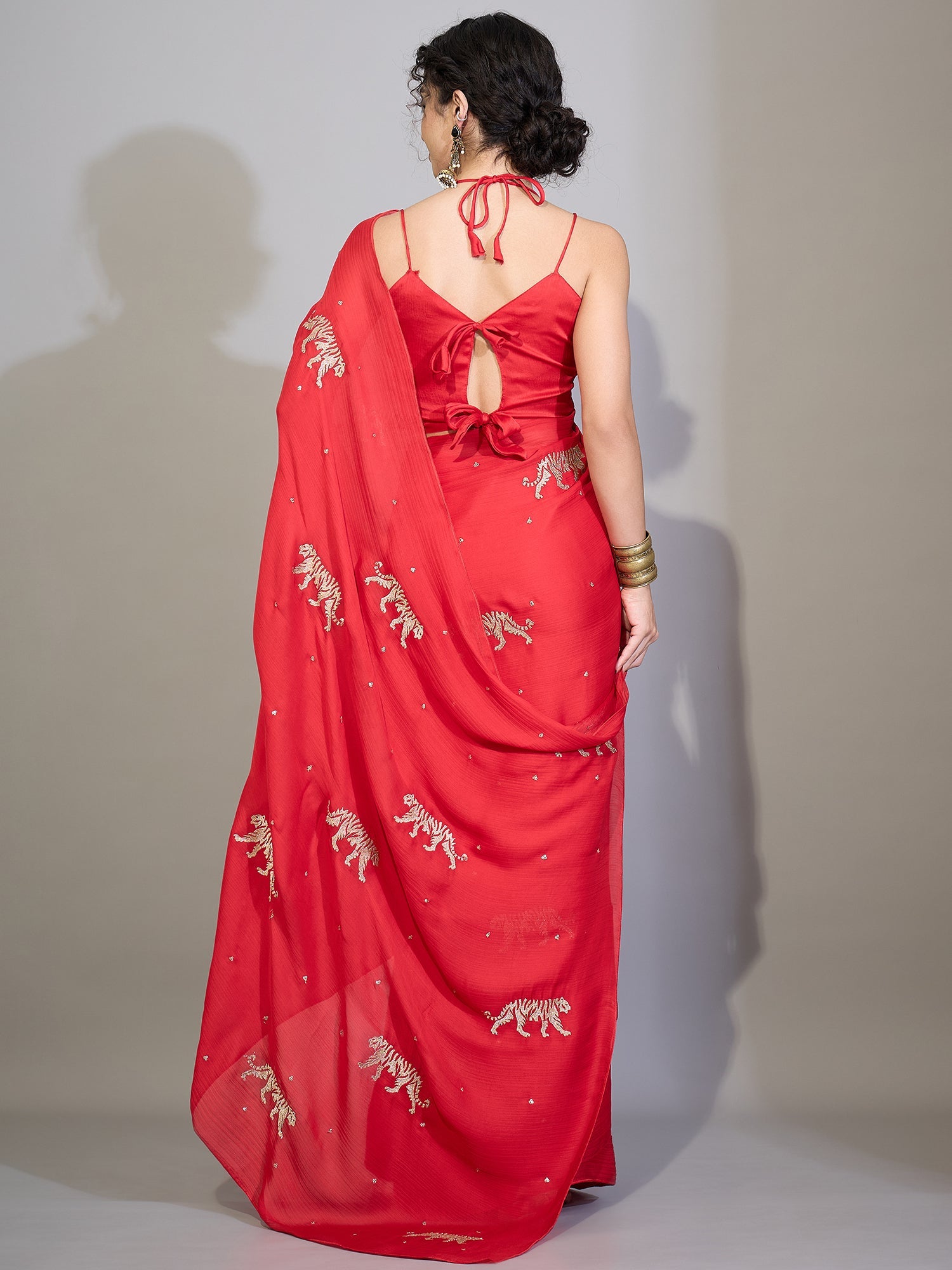 Red Silk Saree with Embroidered Tiger Motifs - Ressa