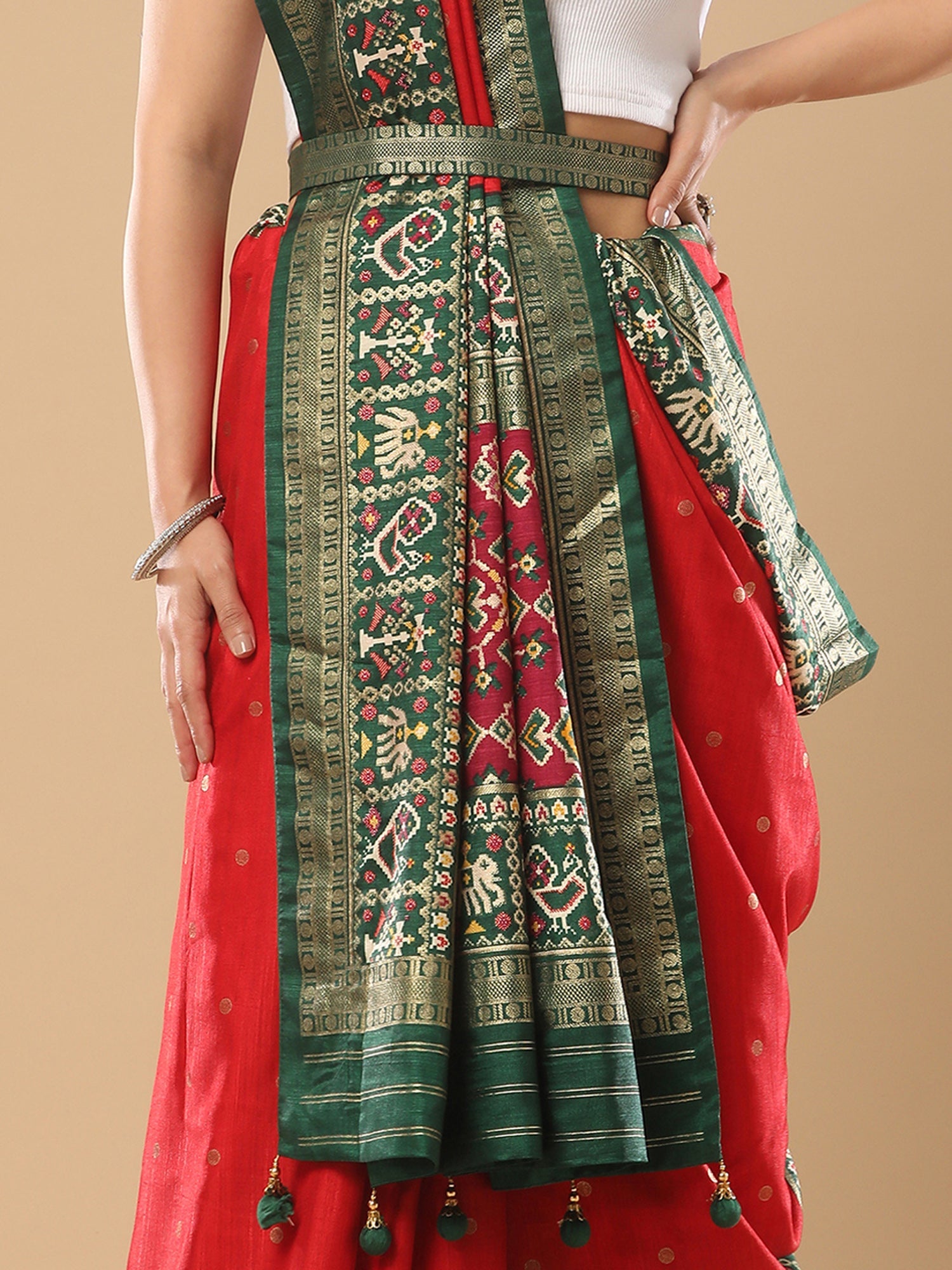 Red Silk Saree with Green Patola Border - Ressa